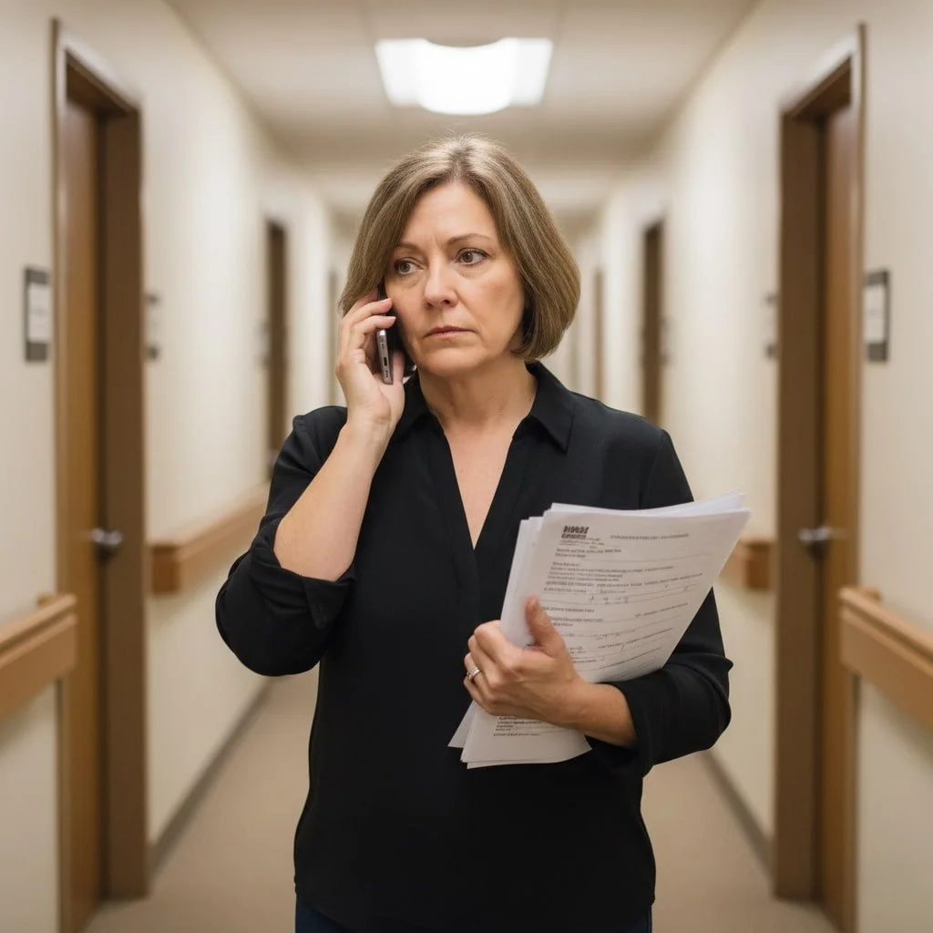 Family member holding unsigned LIC 602A paperwork while speaking on the phone in an assisted living hallway, focused and concerned, navigating next steps after physician refusal.