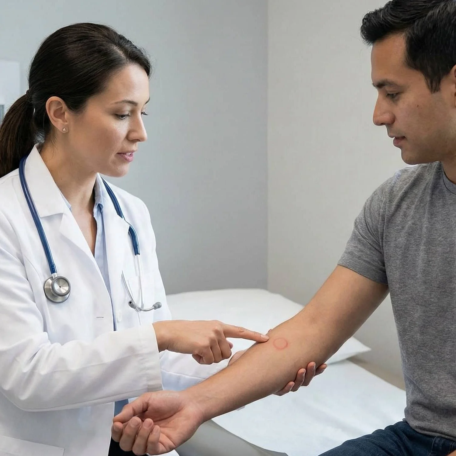 Doctor examining a tuberculosis skin test (PPD) on a patient’s forearm during a medical consultation