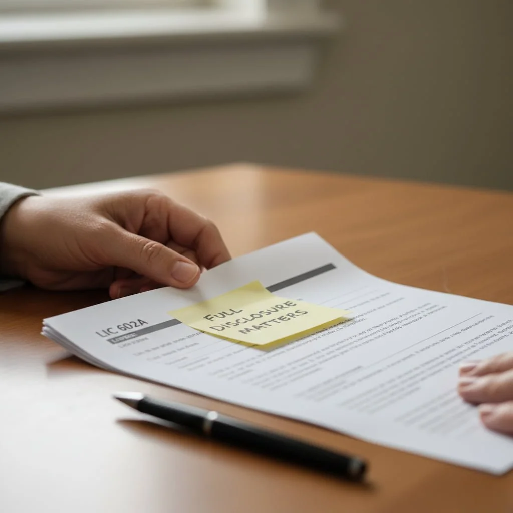 Hand holding a LIC 602A form on a desk with a sticky note reading “Full disclosure matters” and a pen nearby.