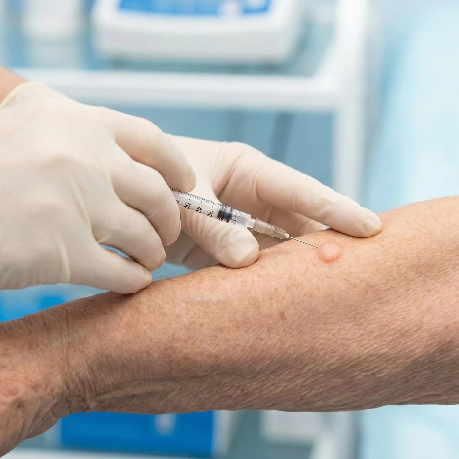 Tuberculin skin test (PPD) being administered on an older adult’s forearm for tuberculosis screening in a clinical setting.
