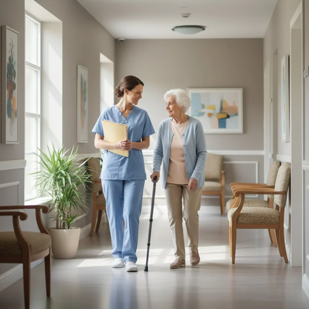 Caregiver walking alongside an older woman with a cane in a bright assisted living hallway during a short-term stay