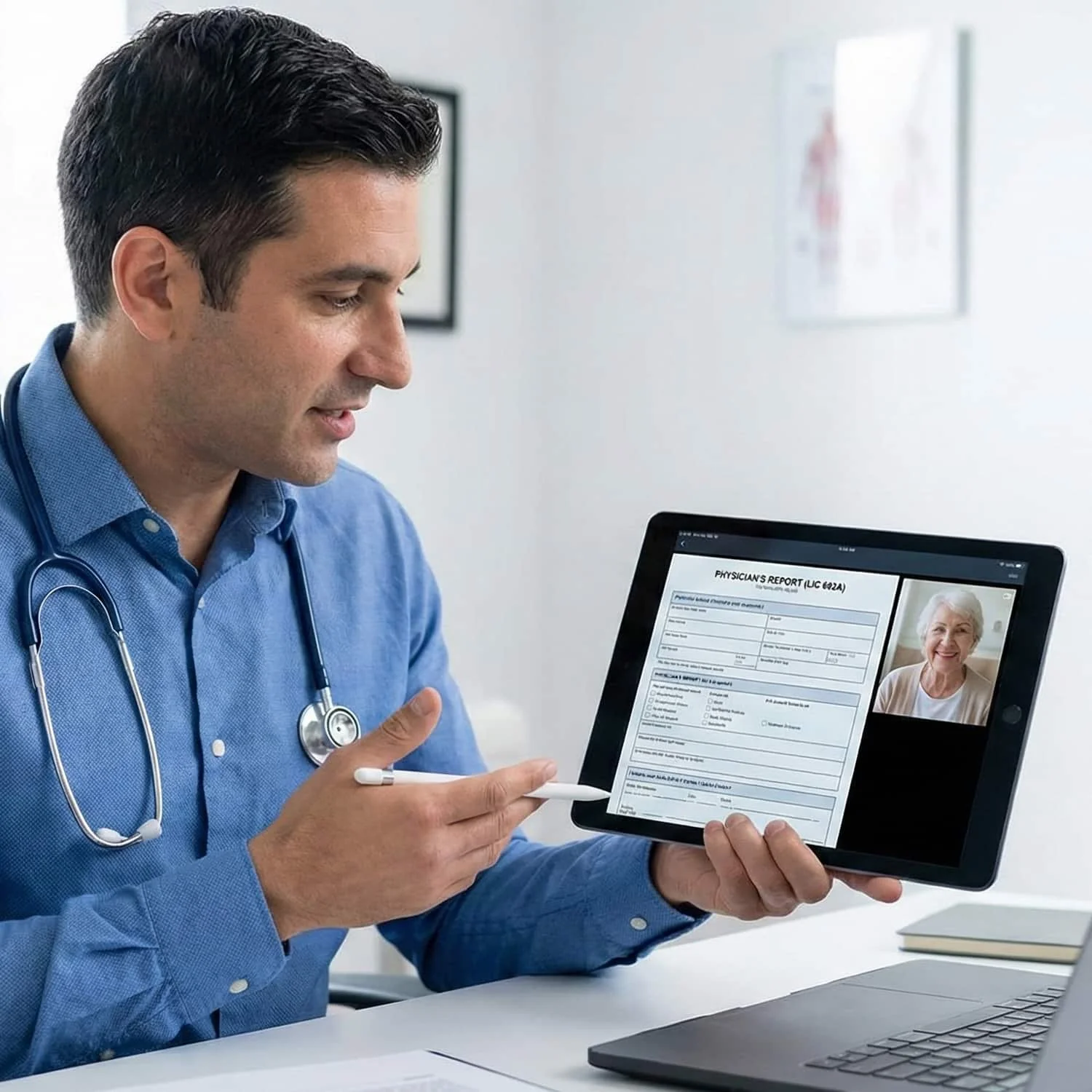 Doctor reviewing a digital LIC 602A form during a virtual medical visit on a tablet