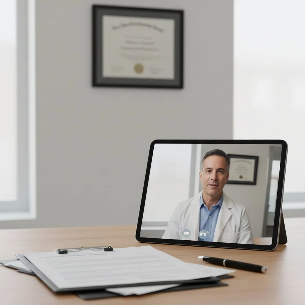 Telehealth consultation with a California-licensed physician reviewing the LIC 602 medical form for assisted living admission