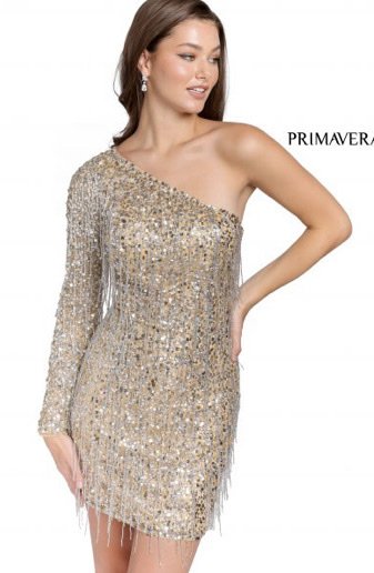 Shop Jovani 616841 Gold One Shoulder Fringe Short Dress in