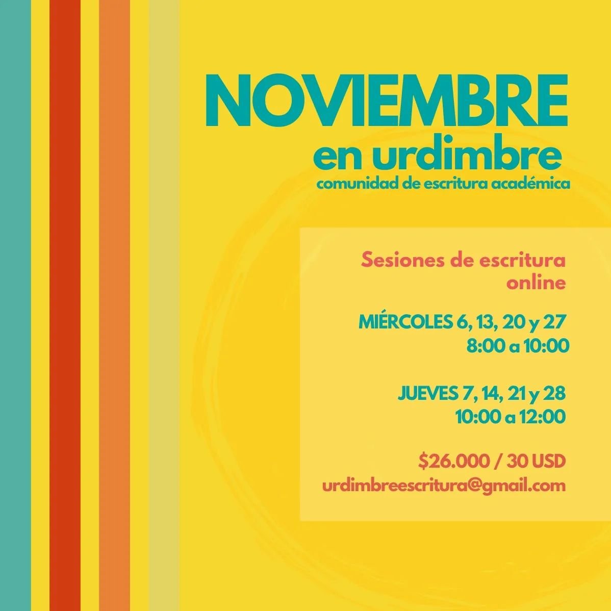 &iexcl;Avanza tu escritura en nuestras sesiones semanales del mes de noviembre!

En las sesiones semanales investigadoras e investigadores nos reunimos avanzar en nuestros textos y aprender nuevas t&eacute;cnicas y truquitos para ayudarnos en la escr