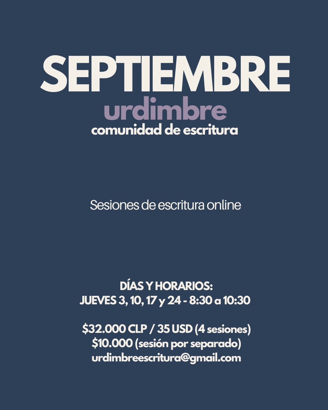 Abrimos nuestra ventana de inscripciones para el mes de septiembre. 🌻

Ofrecemos sesiones de escritura compartidas, con ejercicios pr&aacute;cticos, tiempo para trabajar individualmente en los propios textos y un espacio posterior para dialogar sobr