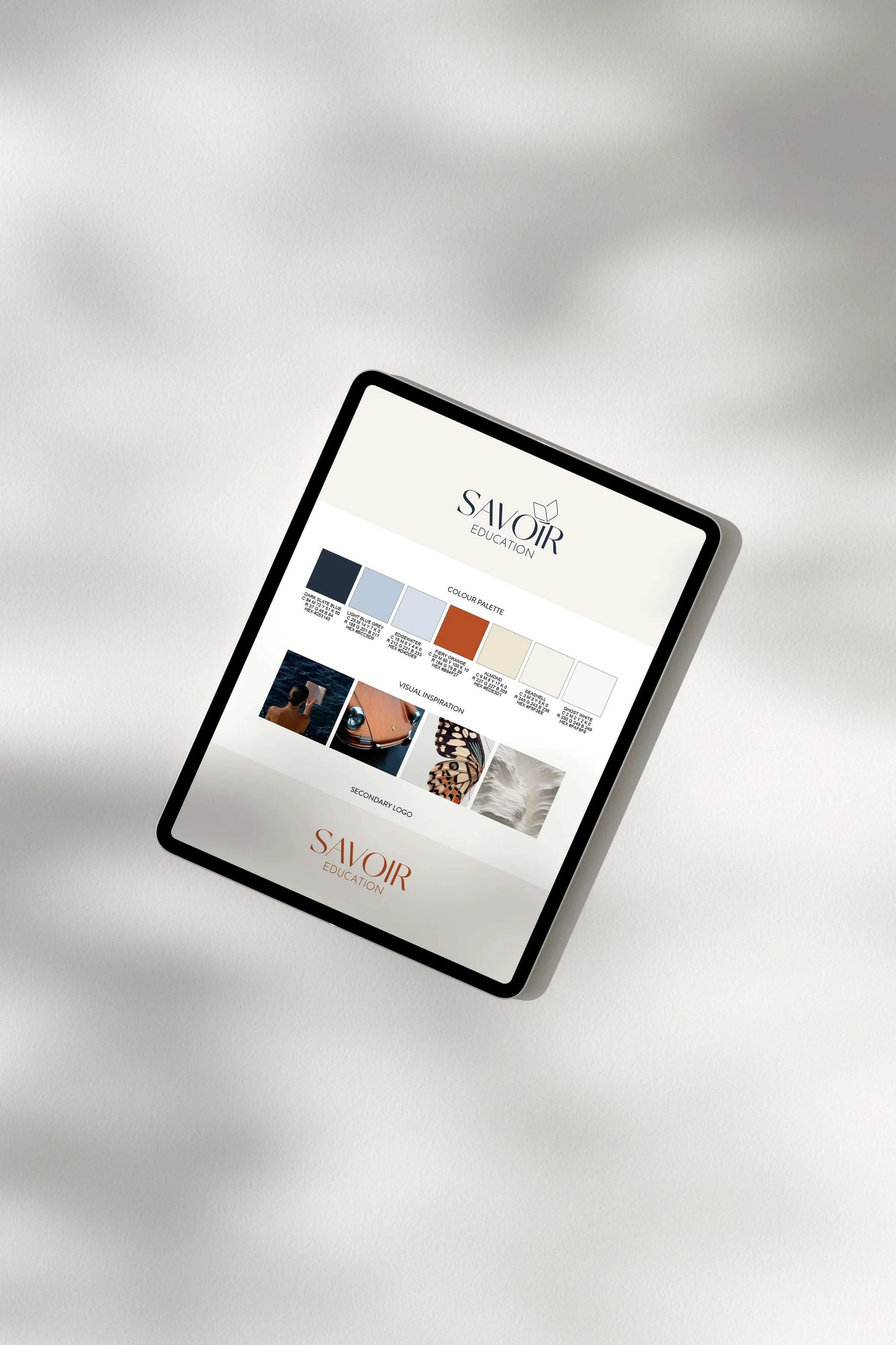 Savoir Education brand identity mood board with color palette and typography on iPad mockup