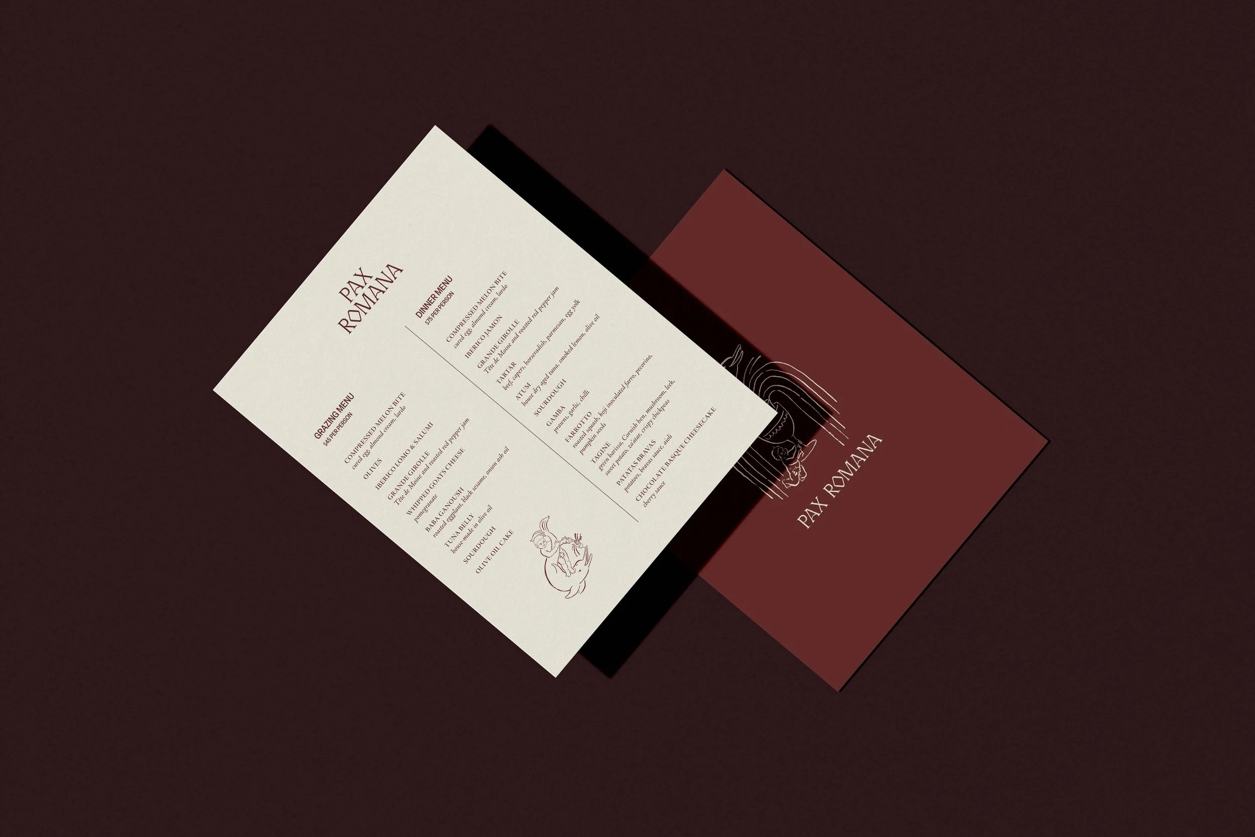 Pax Romana event menu design and branded card mockup