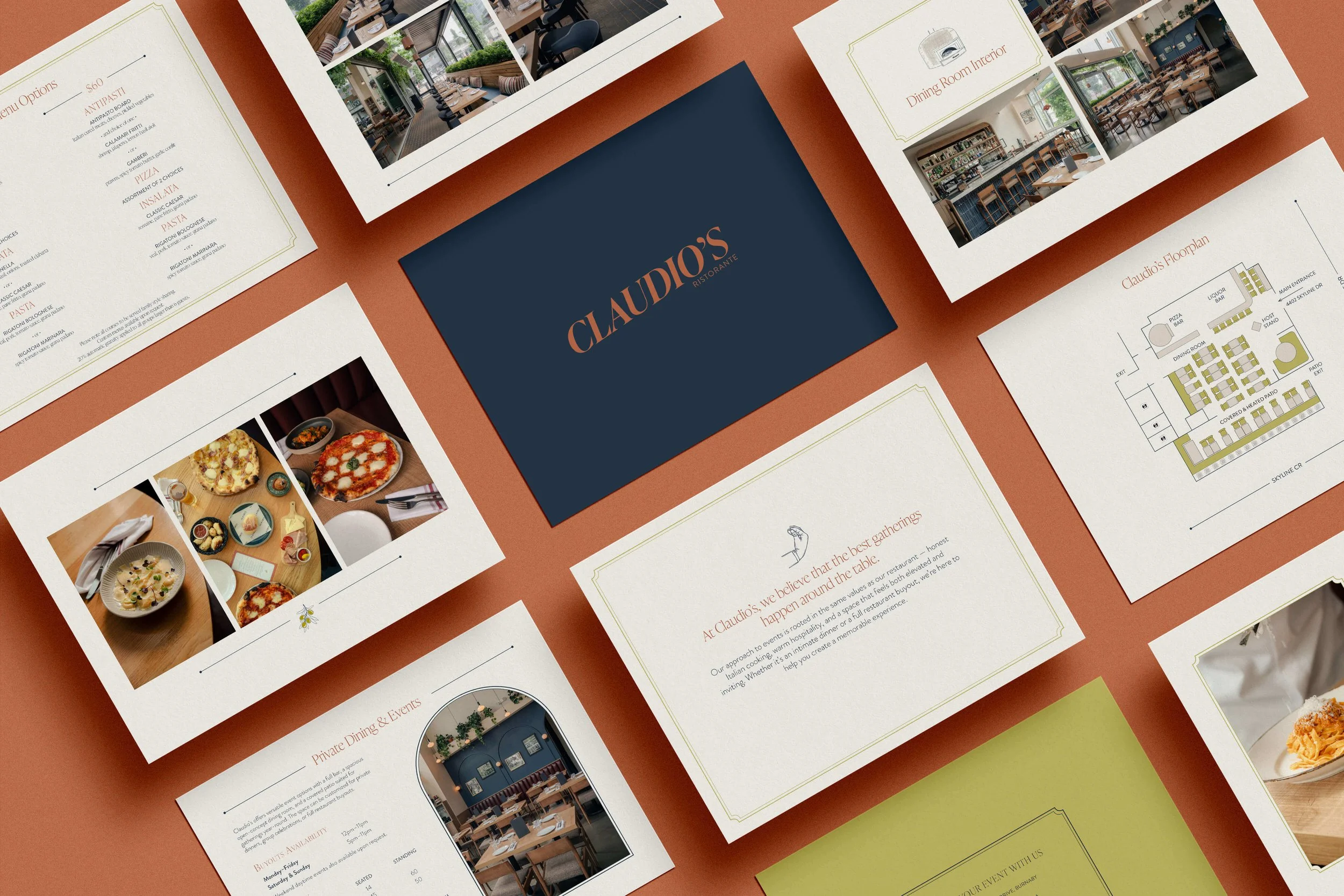 Claudio’s Ristorante branded collateral design — event deck, menus, and floor plan layout.