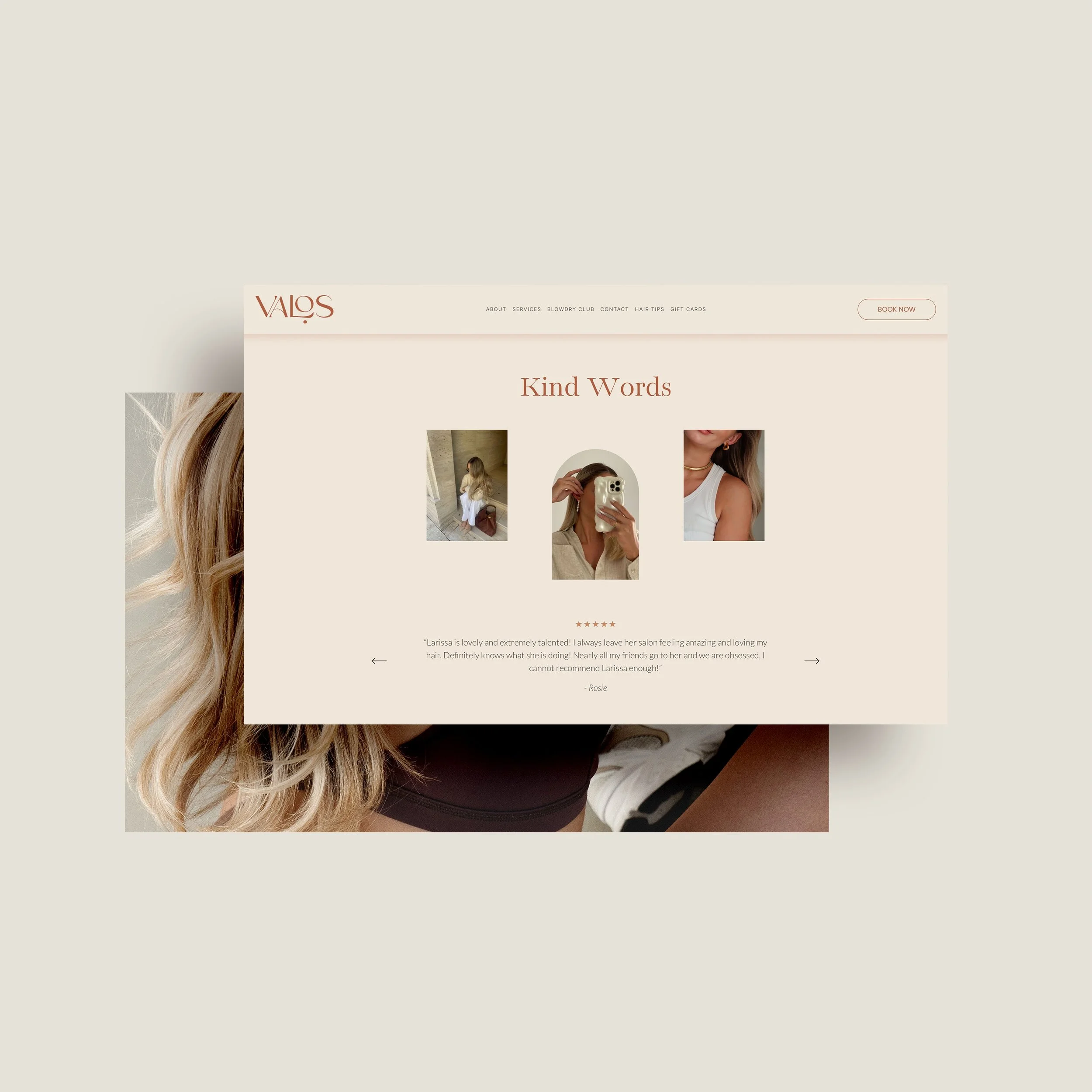 Valos website testimonial section design with client photos and review carousel