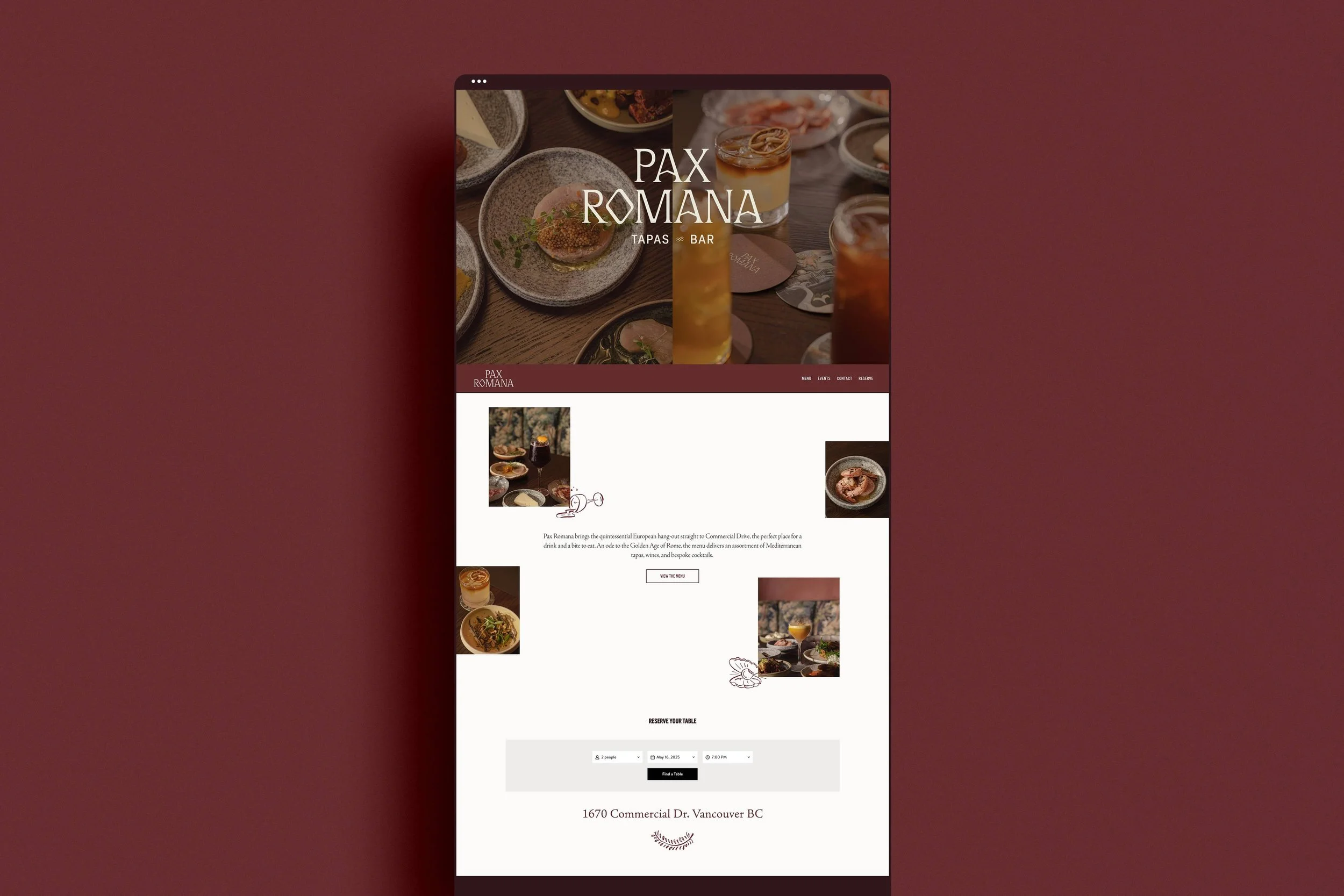 Pax Romana restaurant Squarespace website design displayed on a laptop mockup