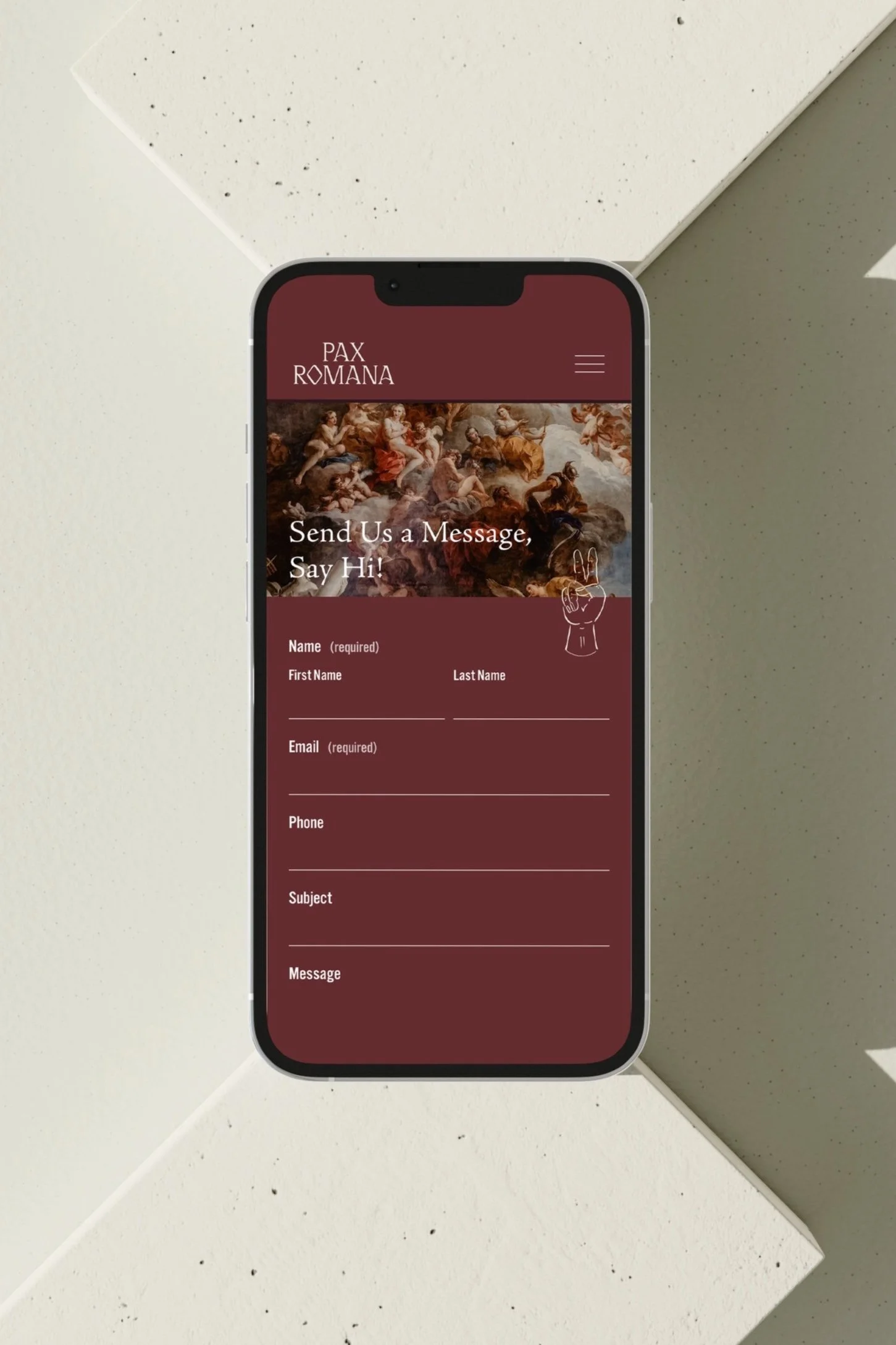 Pax Romana mobile contact page design with inquiry form