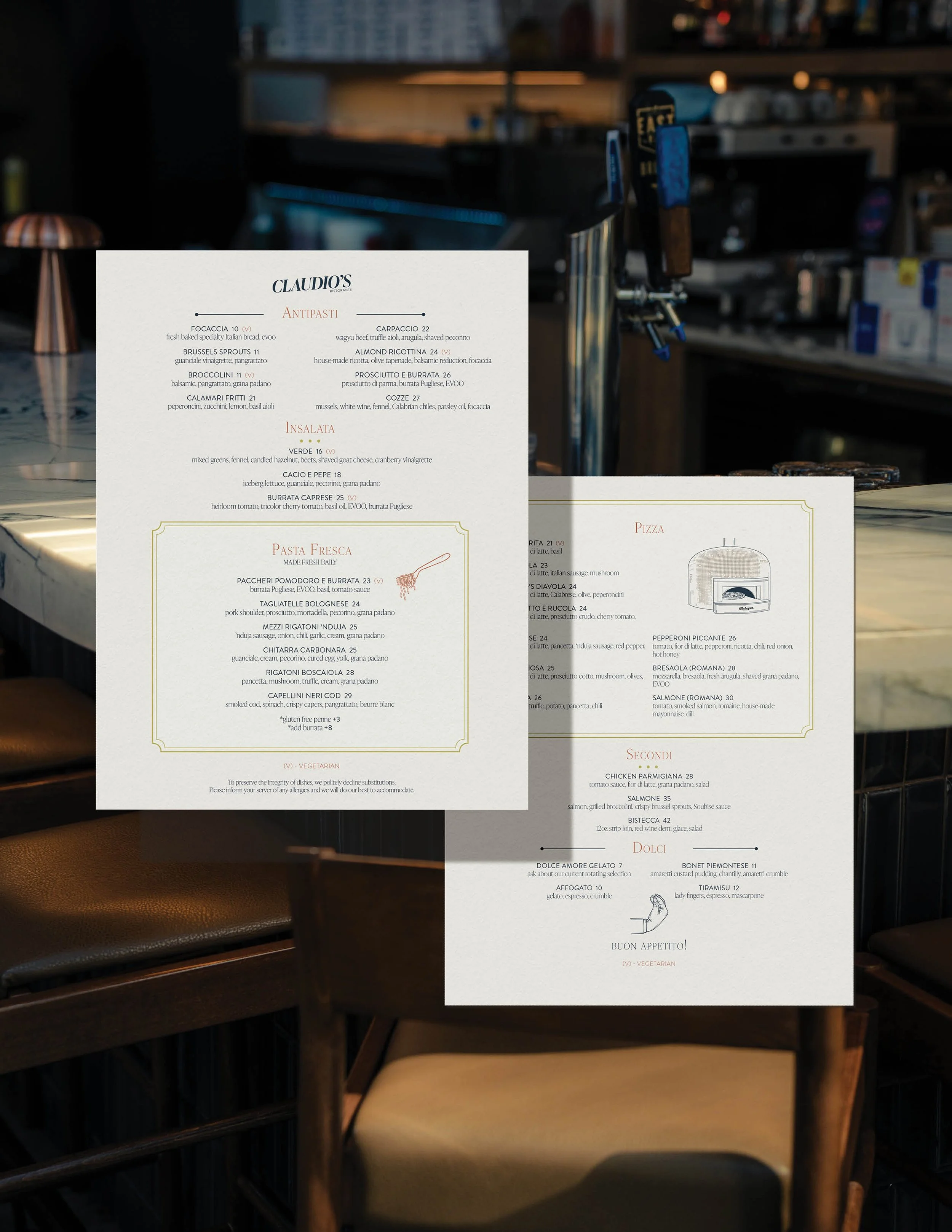 Claudio’s Ristorante menu design mockups — Italian dinner menu