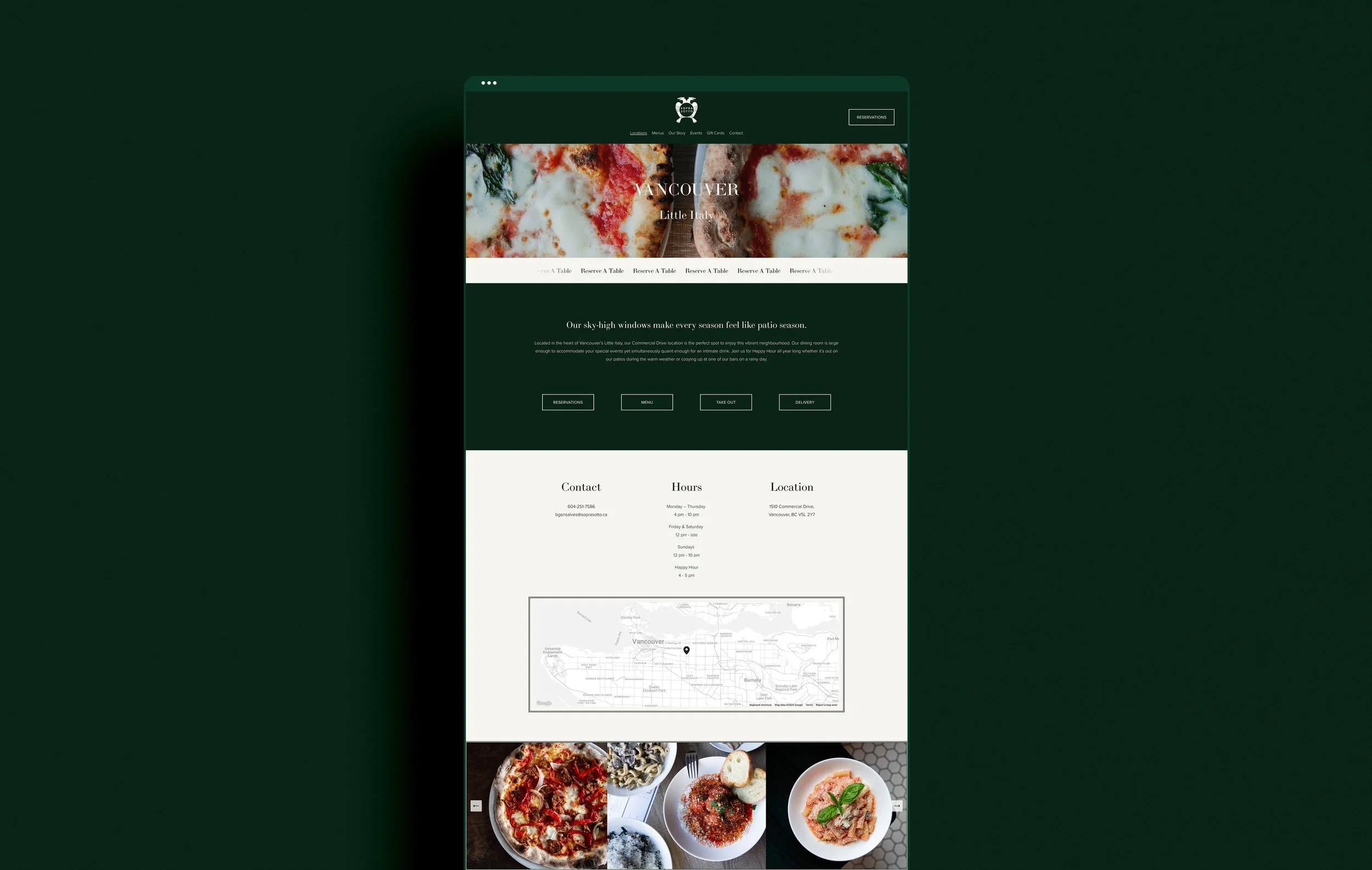 Sopra Sotto Restaurant website homepage design mockup