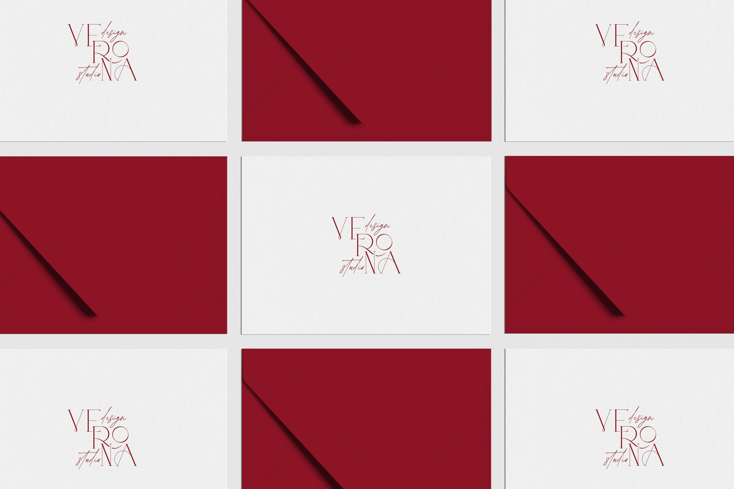 Verona Design Studio brand identity stationery mockup with logo on envelopes
