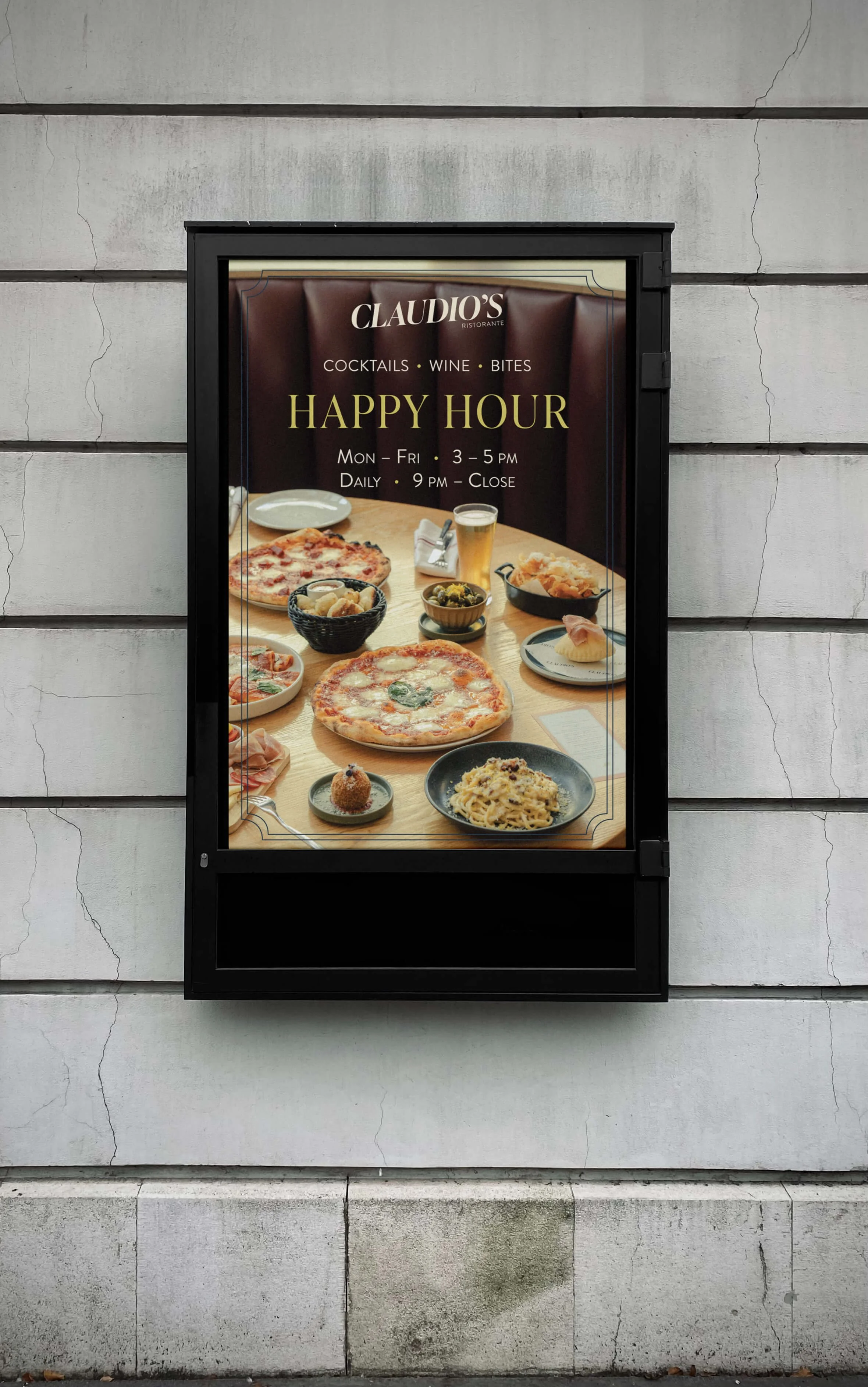 Claudio’s Happy Hour poster design displayed in outdoor lightbox.