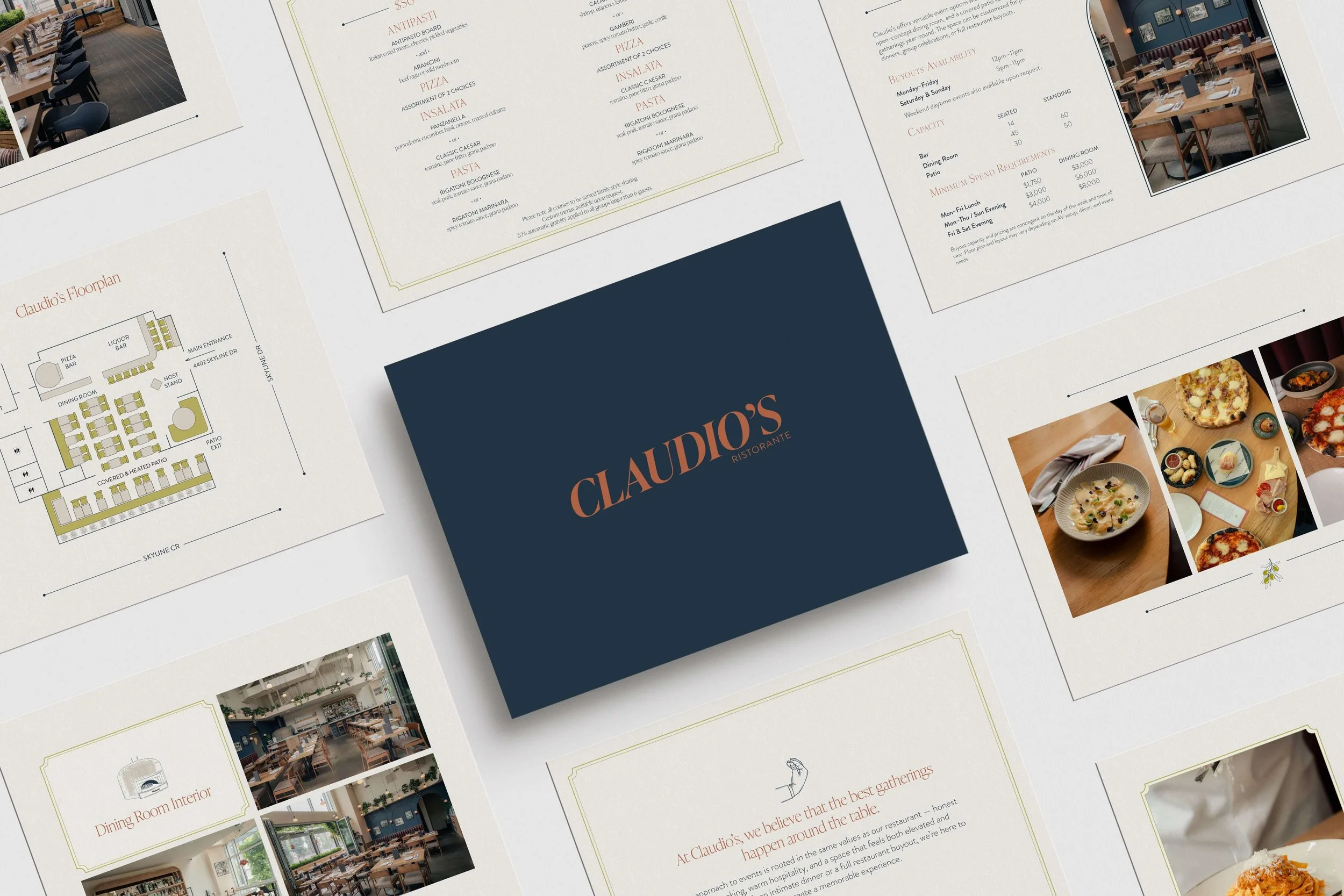 Claudio’s Ristorante brand collateral design mockups
