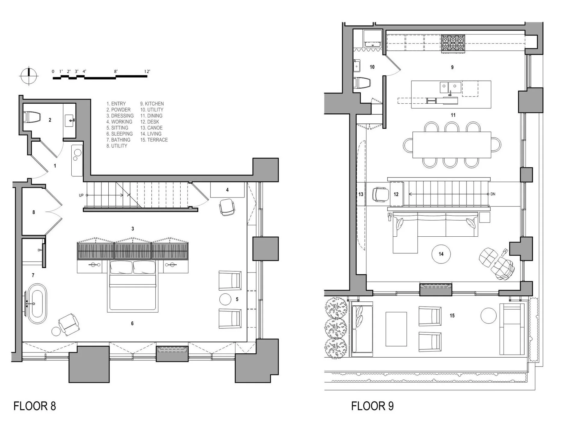 Open penthouse floor plan, hotel suite living, freestanding tub, luxury plan graphics