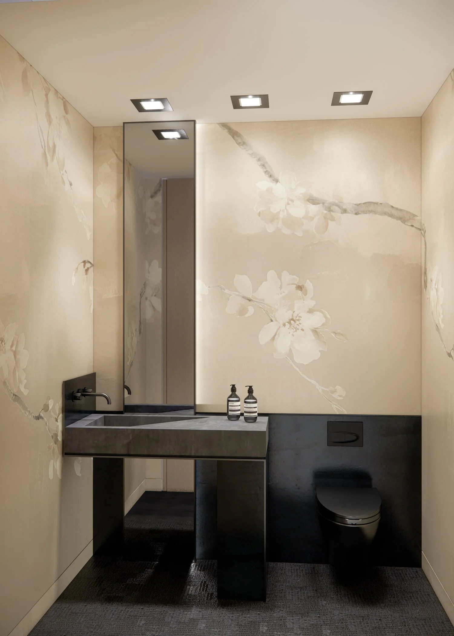 Powder Room concrete sink, floral wallpaper, black toilet