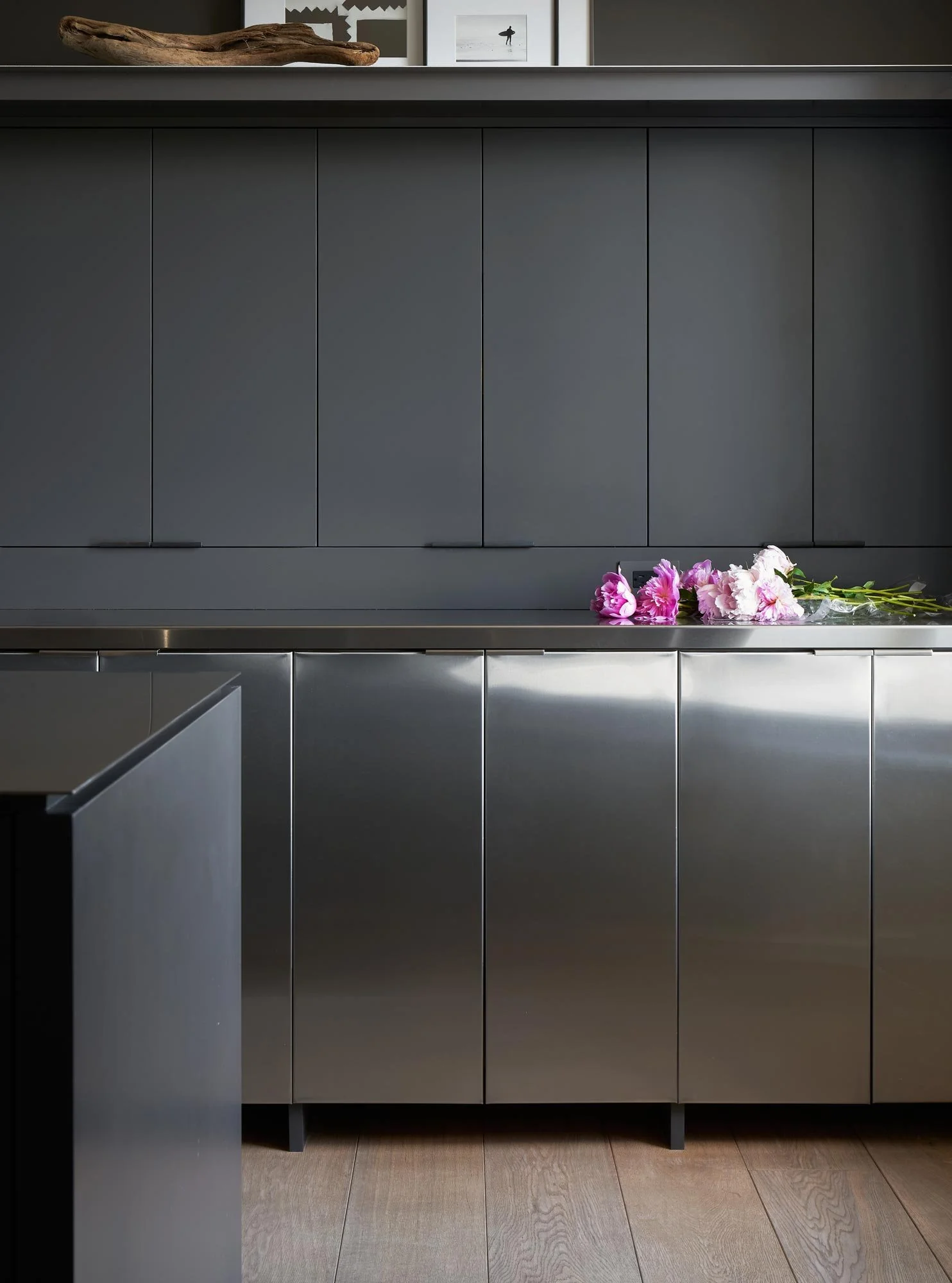 stainless stell kitchen cabinets, tab pulls, lacquer cabinet finish, stainless counters