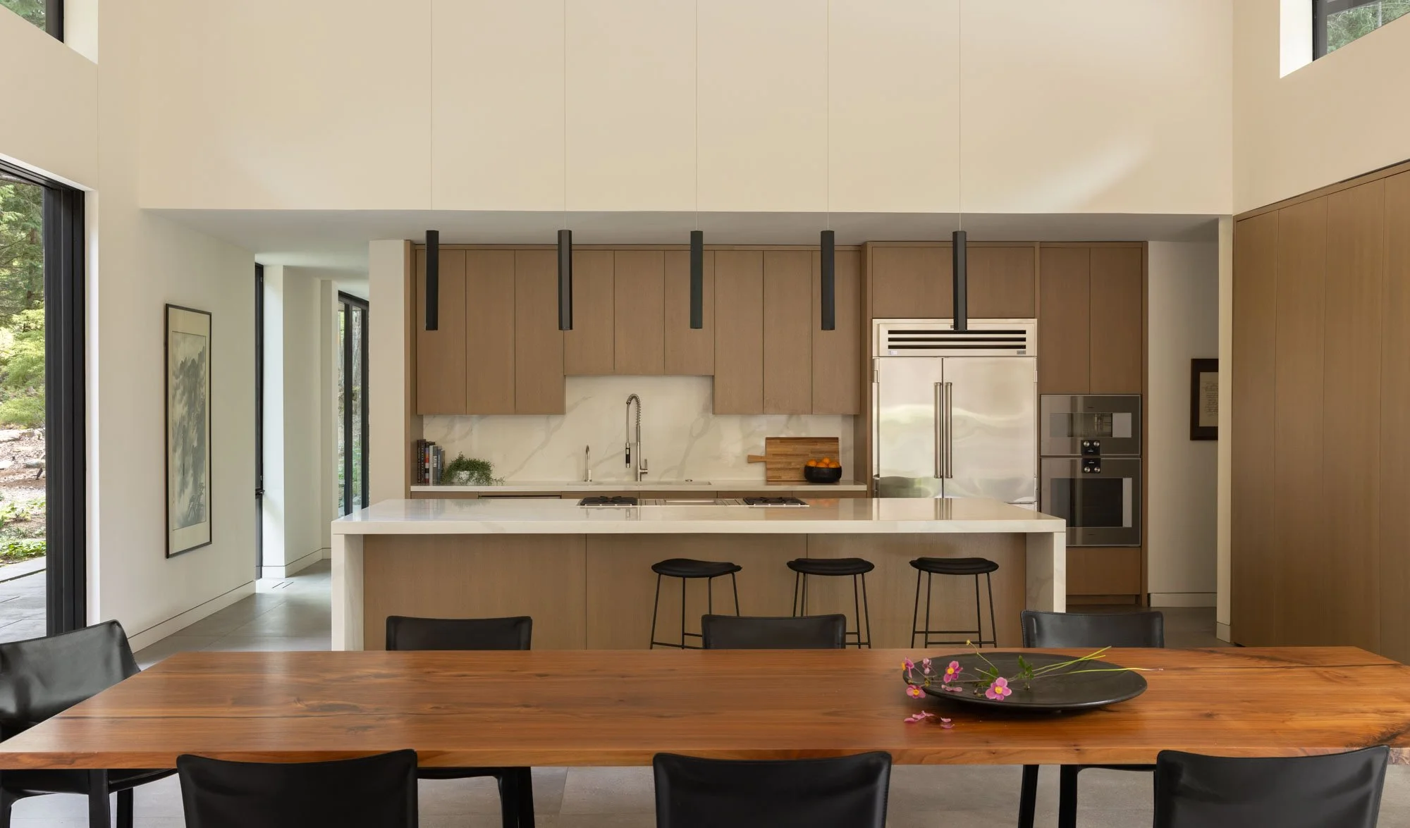 Caesarstone kitchen island, integrated appliances, great room cabin design