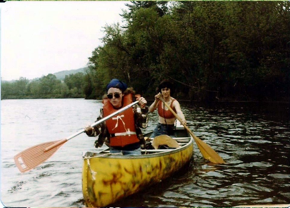Carol paddles in front on a Connecticut River outing club trip Memorial day 1981