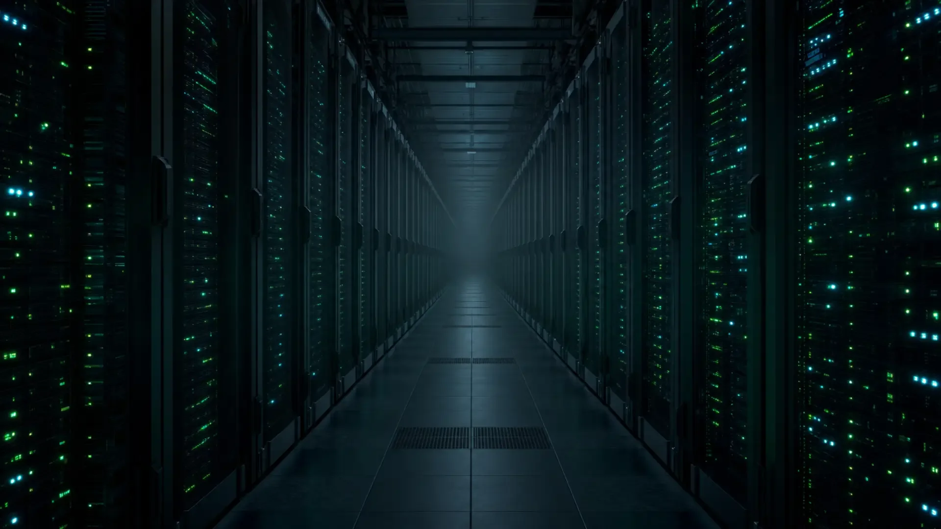 Quiet server room with rows of racks and steady green indicator lights, representing Destiny 2 running in maintenance mode
