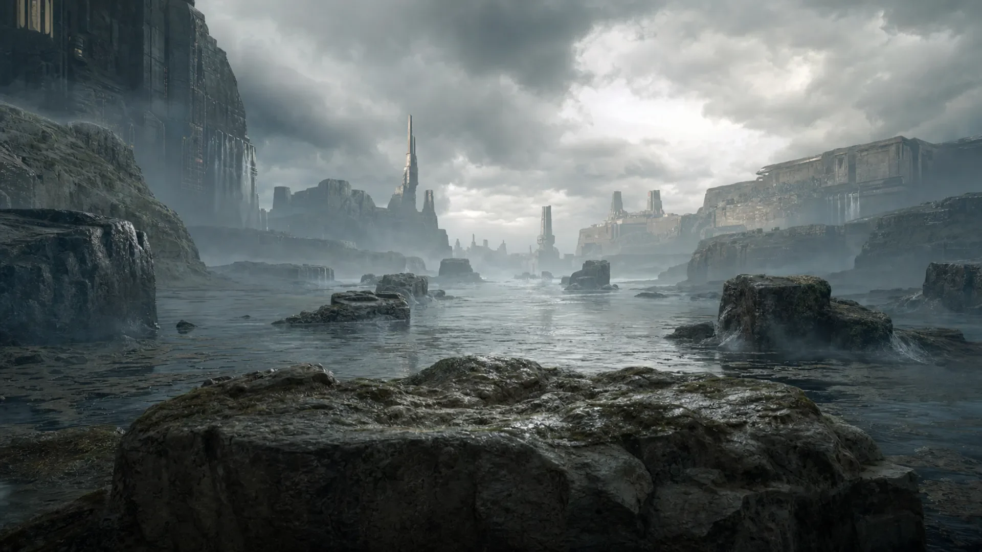 First-person view across Disjunction's open swamp showing long sightlines and minimal cover