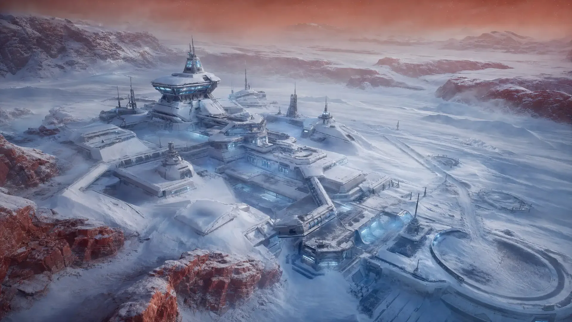 Overhead concept art of a snowbound research complex on a red planet with glowing blue lights