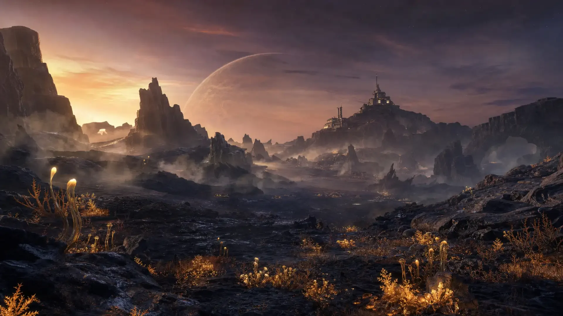 Concept art of a deserted alien moon landscape at dusk with amber vegetation and a distant facility