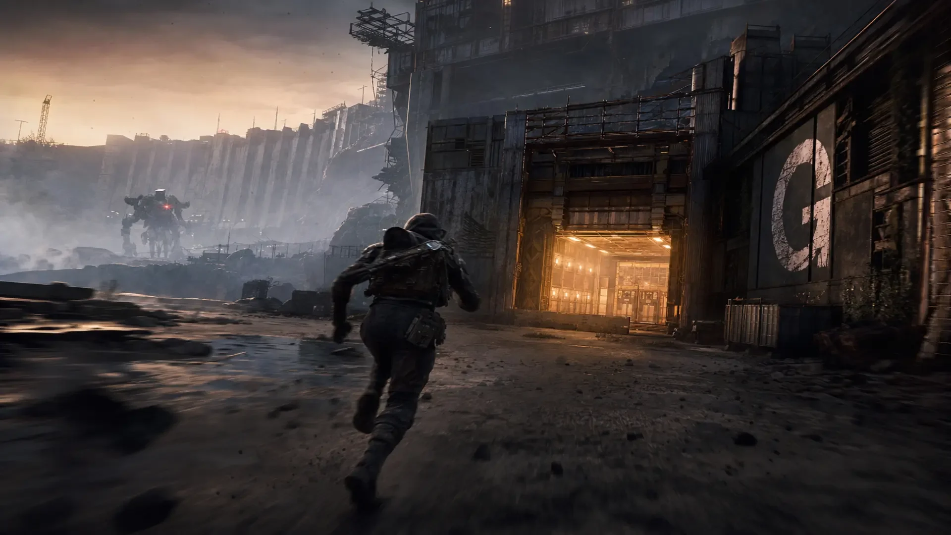Arc Raiders scavenger sprinting toward an extraction point at dusk