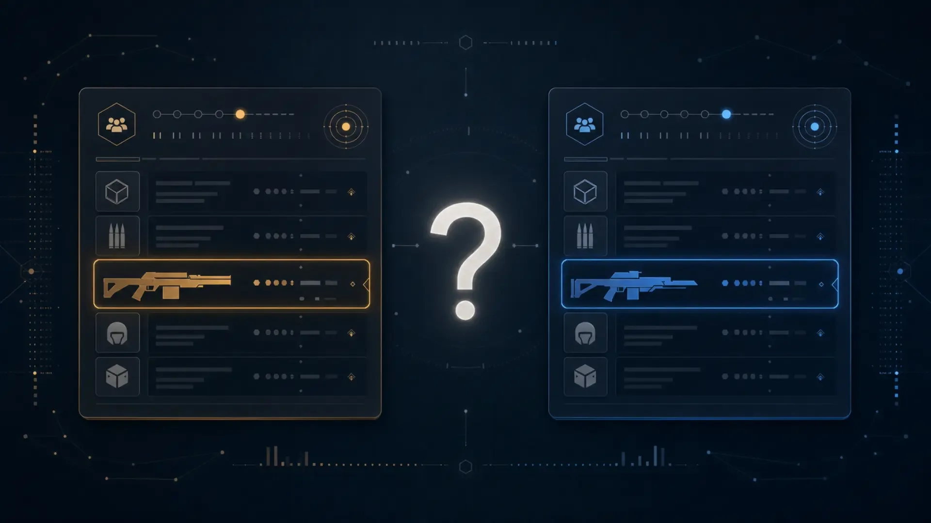 Two dashboard cards side by side listing different weapon names in the same weekly slot, with a question mark between them