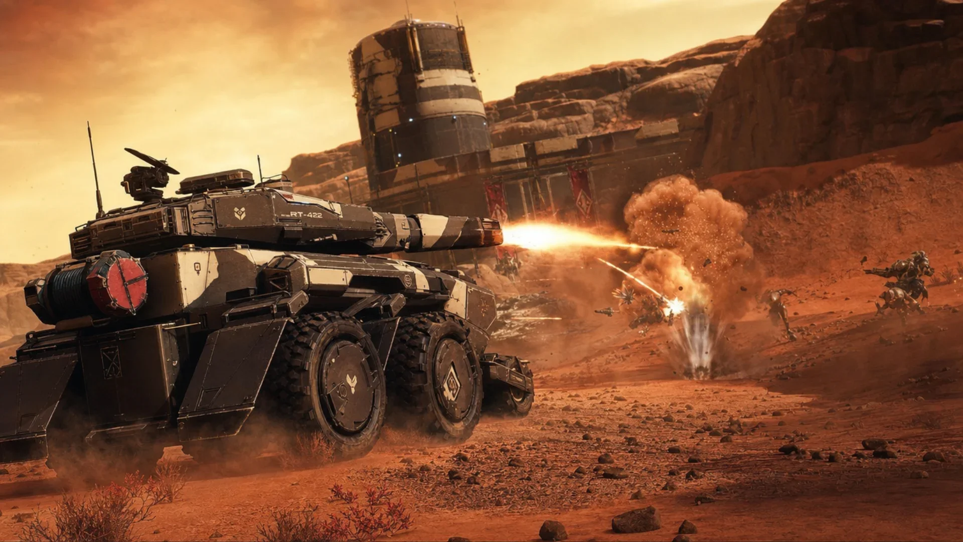 Armoured six-wheeled battle tank firing its main cannon across an open red battlefield