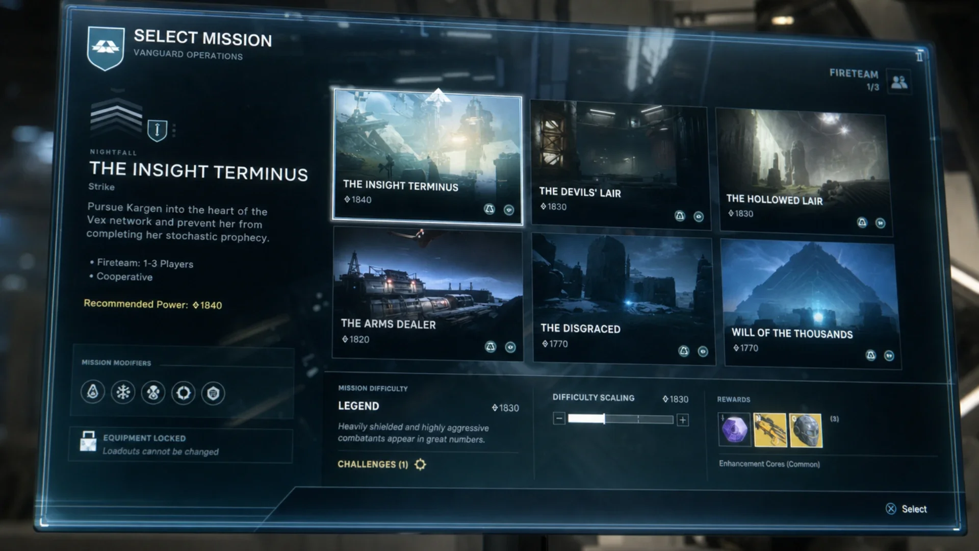 Holographic menu showing a grid of mission tiles with difficulty sliders and modifier icons