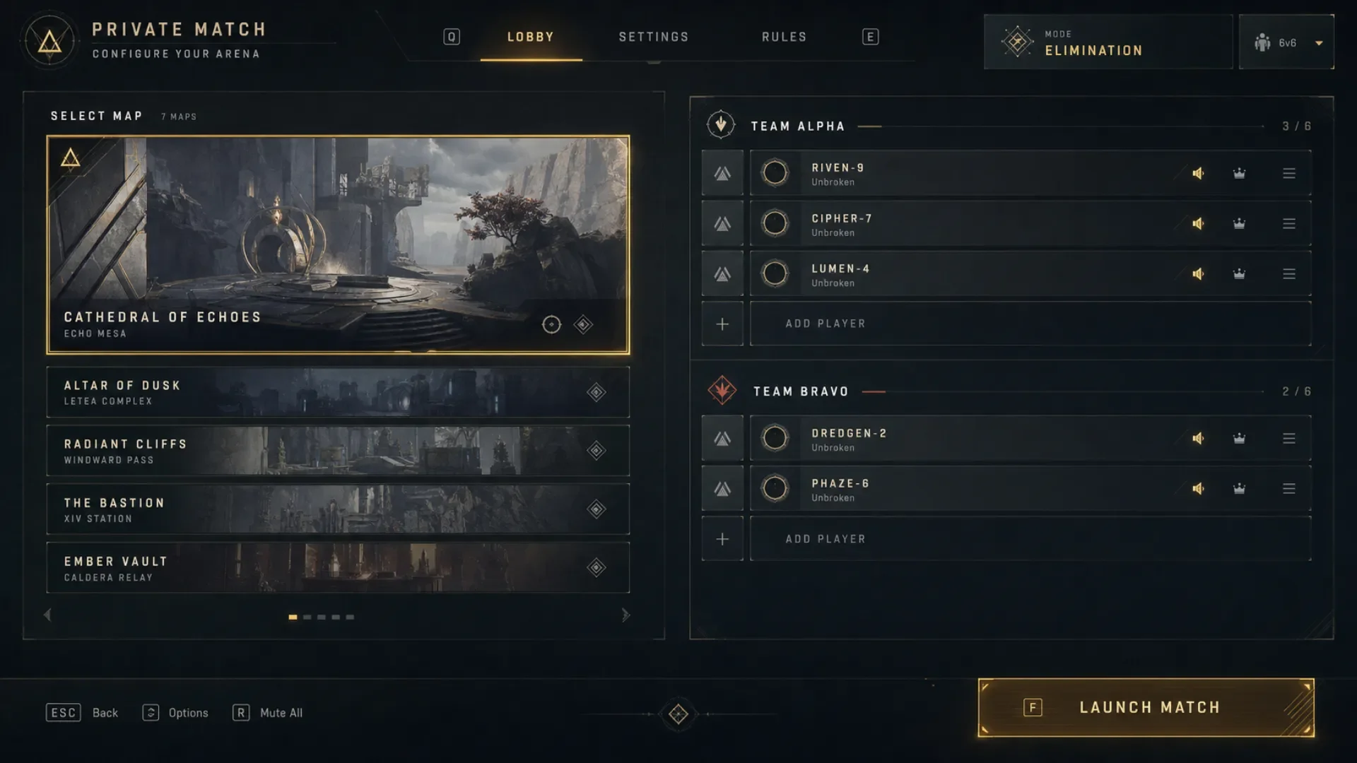 Private match lobby screen showing map selection, Disjunction's only remaining access route