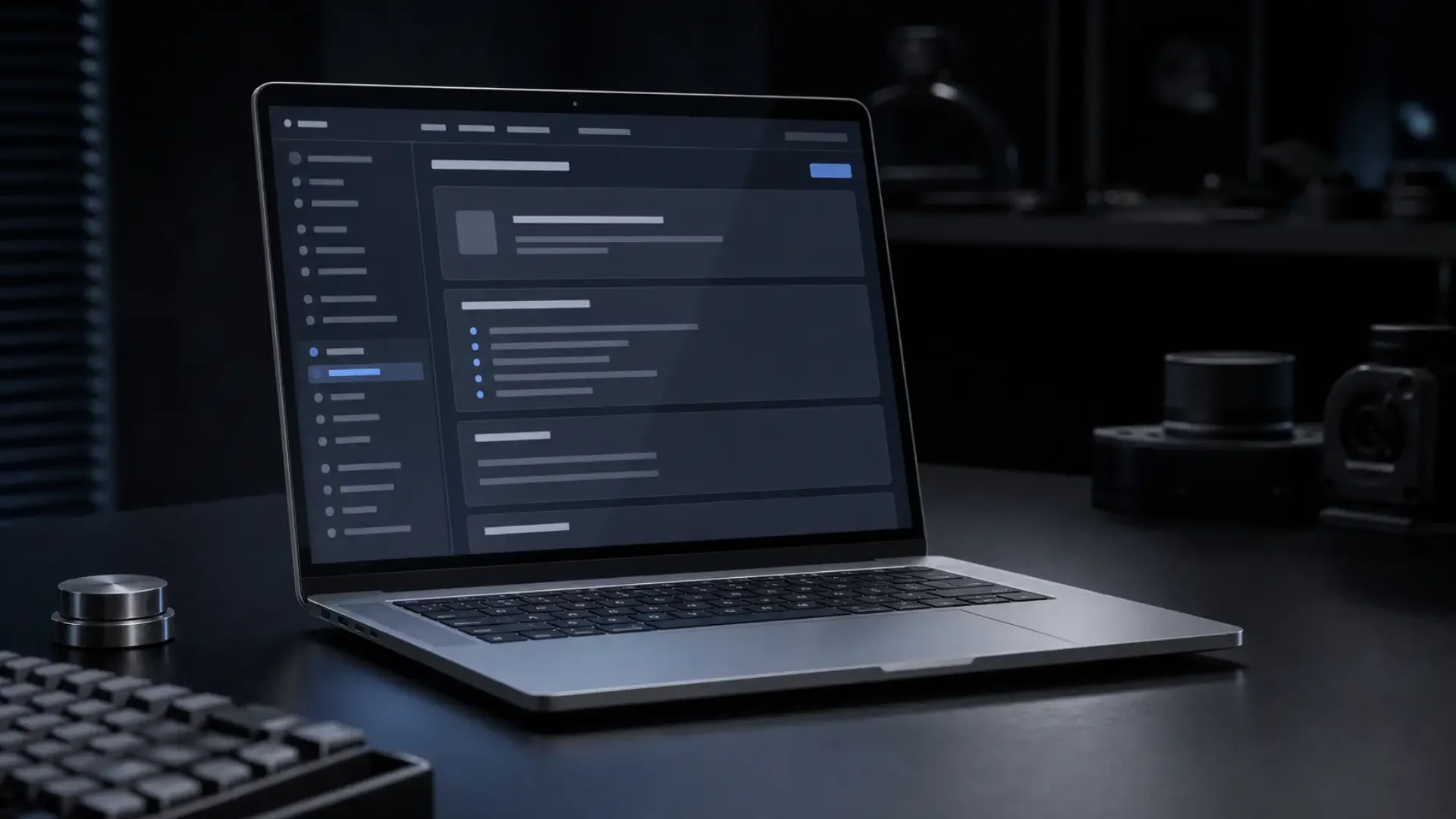 Laptop on a dark desk showing a plain code repository readme page