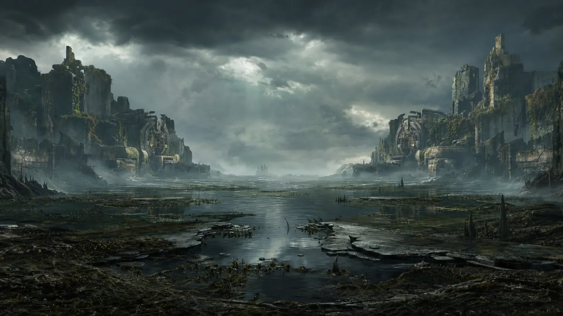 Wide view of the Disjunction Crucible map's open swampland valley and bases