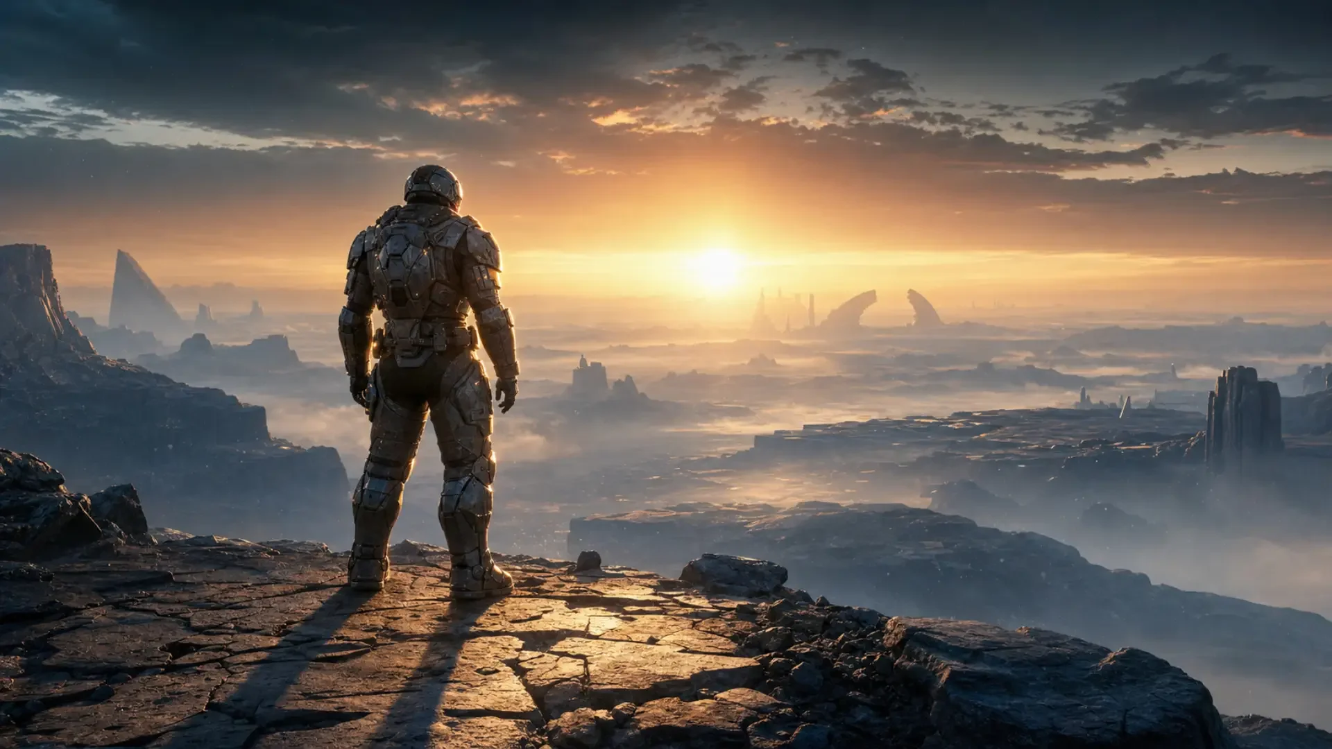 Armoured Guardian facing a rising sun over a distant alien horizon