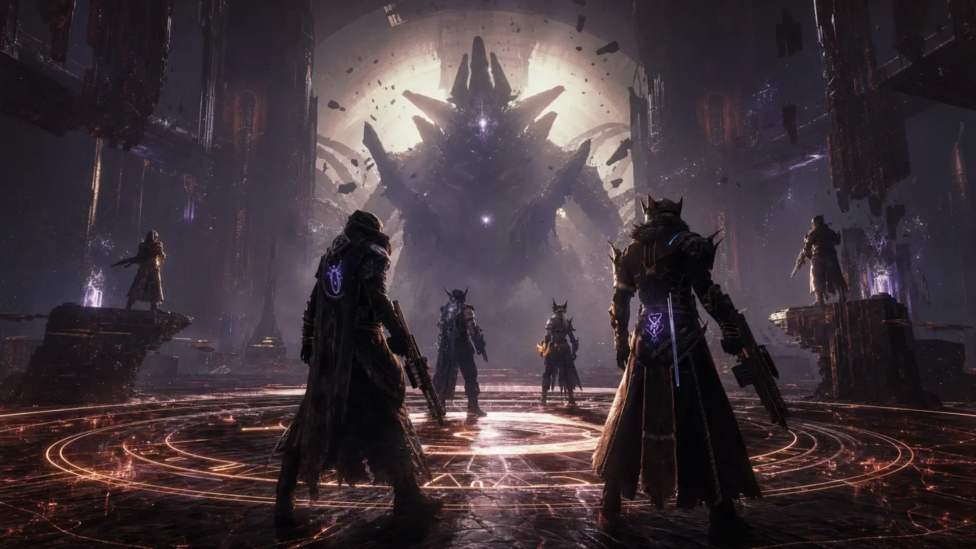 Six-player fireteam facing a raid boss in a Destiny 2 endgame encounter