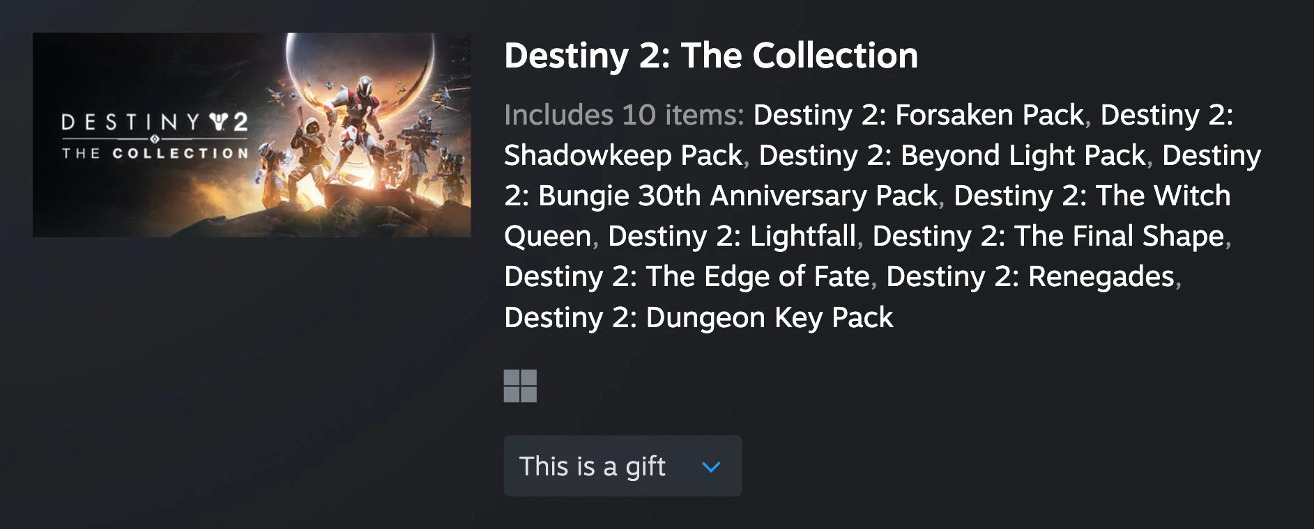 Destiny 2: The Collection bundle listing all 10 included expansion packs