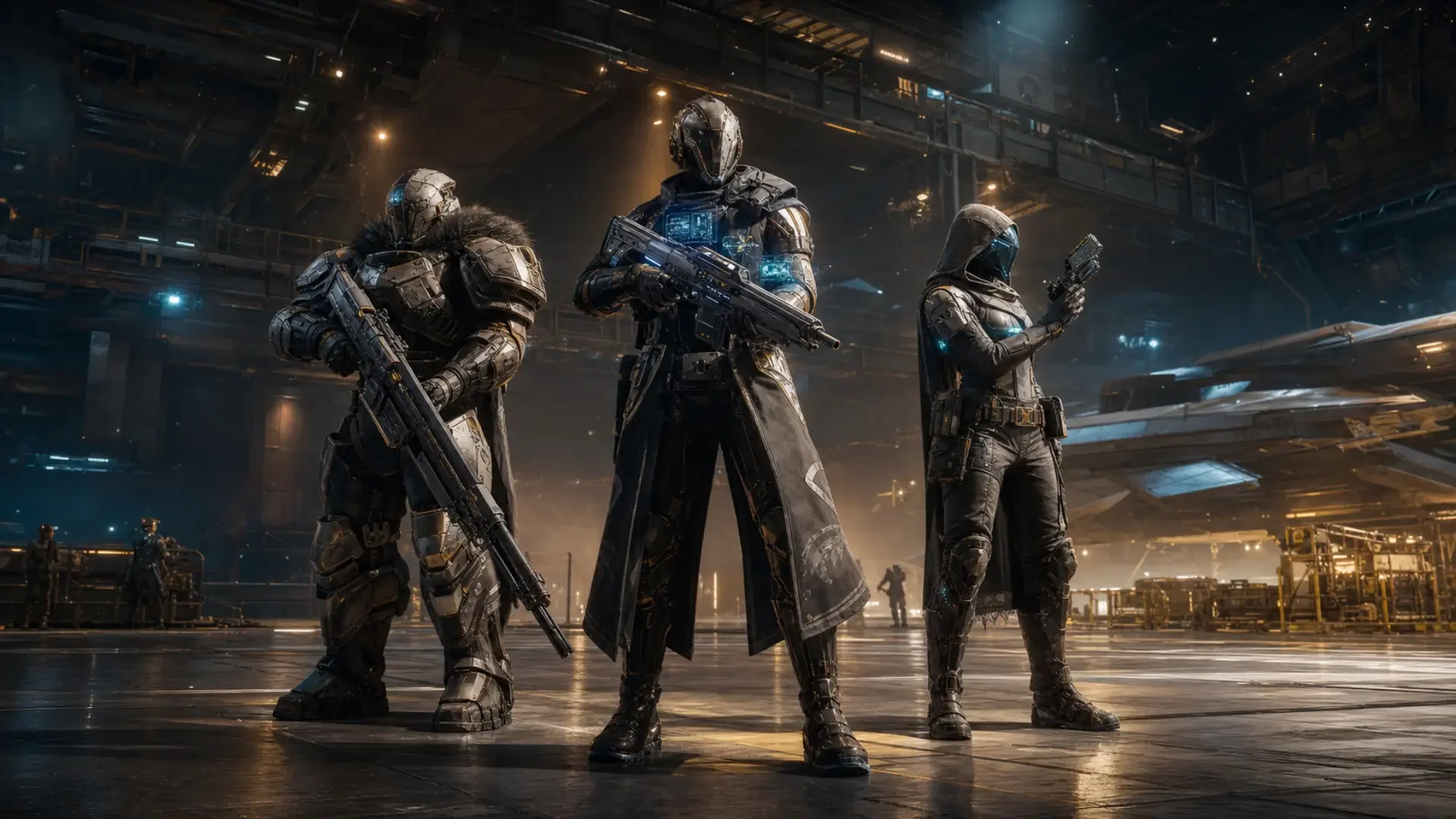 Three-player Destiny 2 fireteam checking loadouts before a Grandmaster run