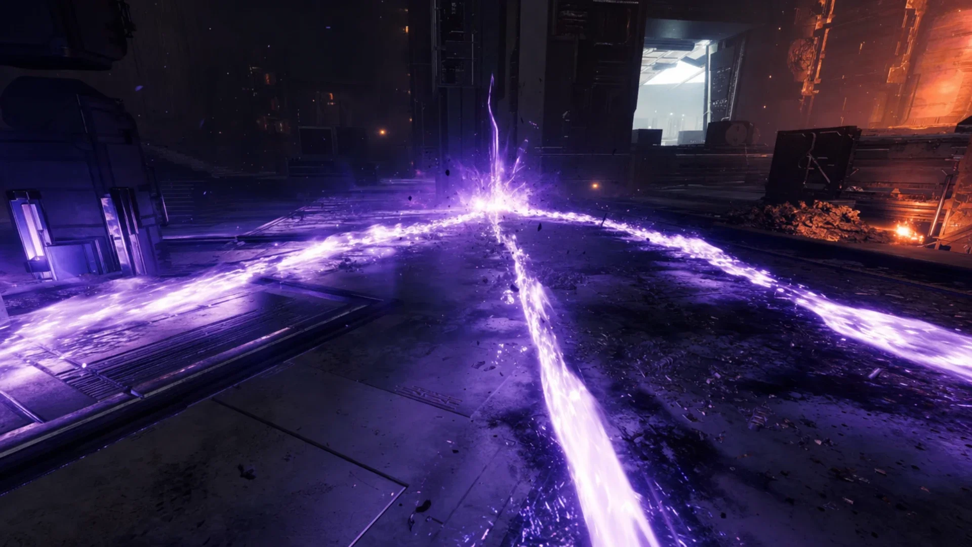 Three glowing purple energy waves fanning outward across a scorched floor from one impact point
