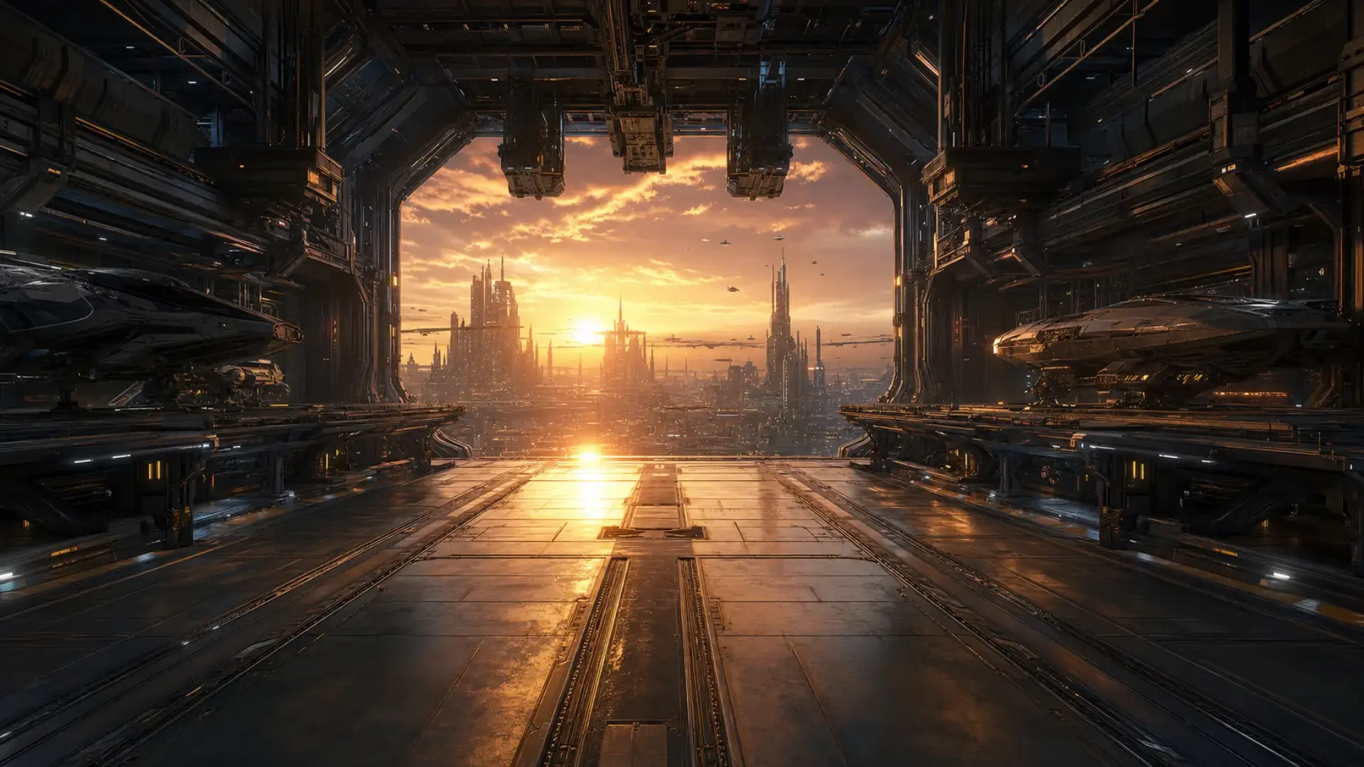 Concept art of a futuristic hangar bay at sunset with parked ships and no people present