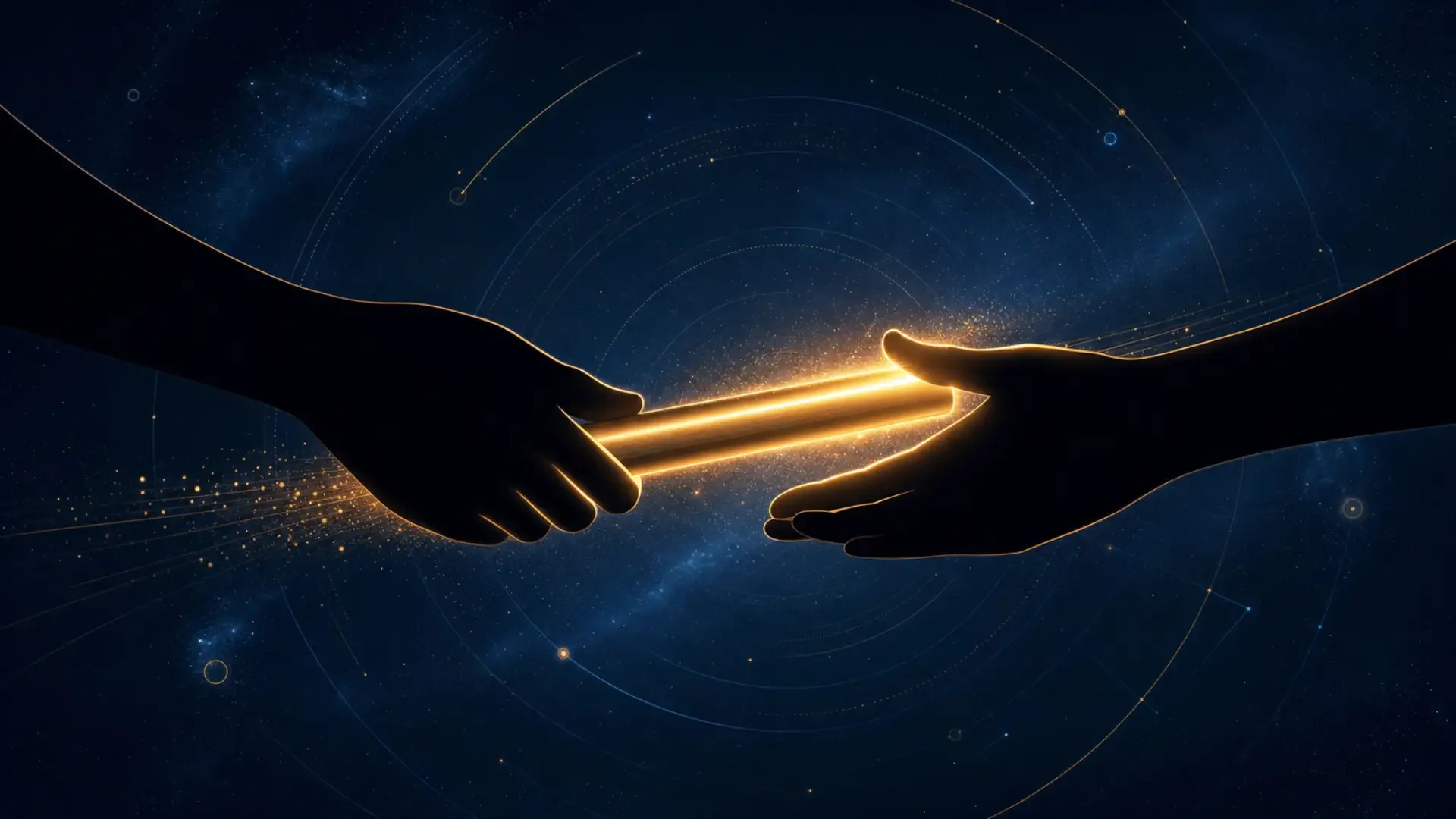 Relay baton passing between two silhouetted hands against a starfield, representing the community continuing the weekly TWID format