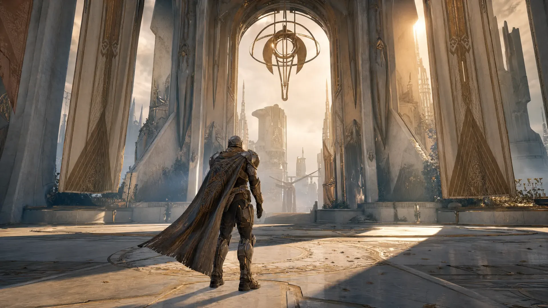 Guardian standing in the Tower courtyard beside the Monument of Triumph