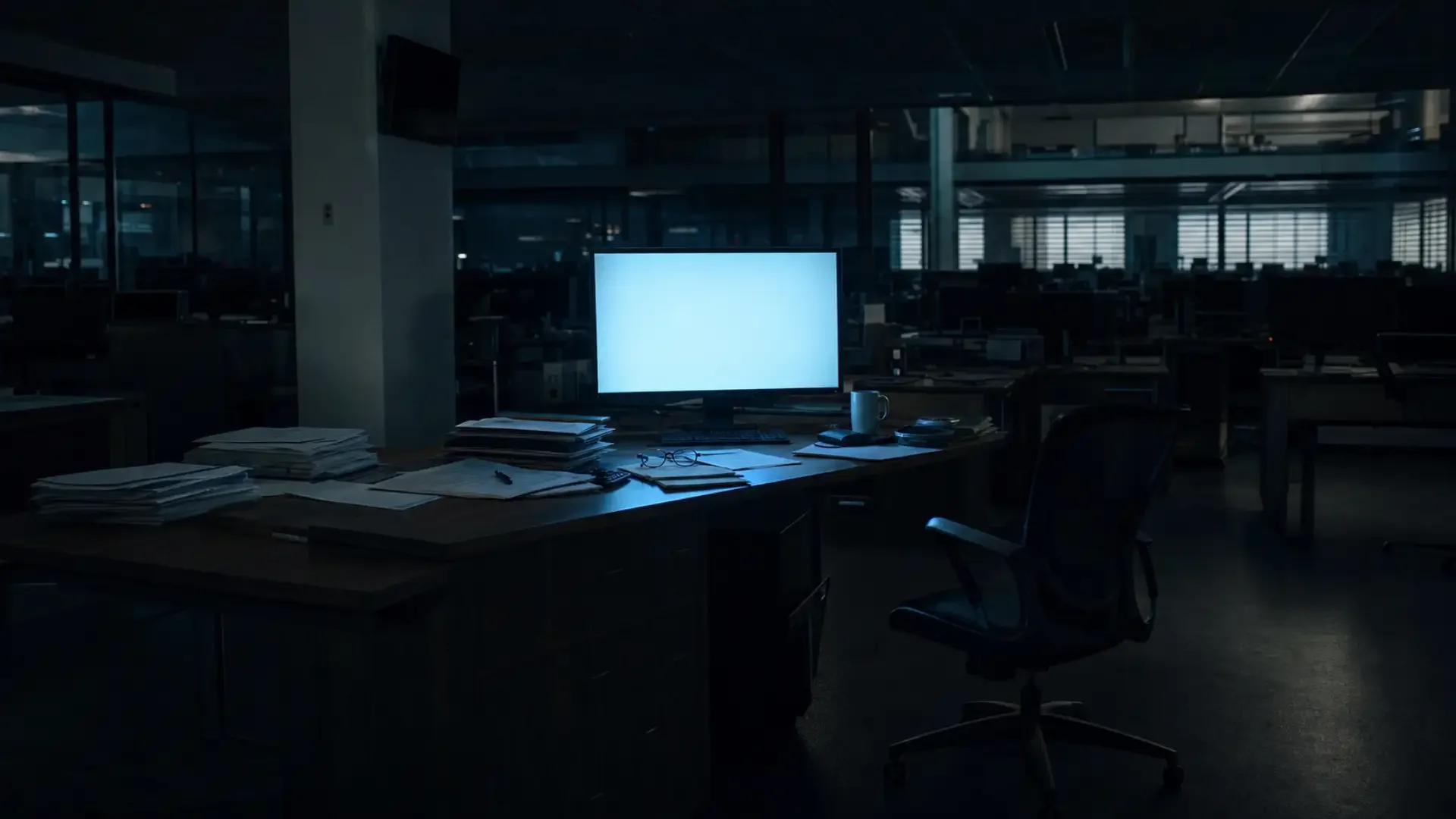 Abandoned newsroom desk lit by a single monitor showing a blank page, with papers left mid-stack and the chair pushed back