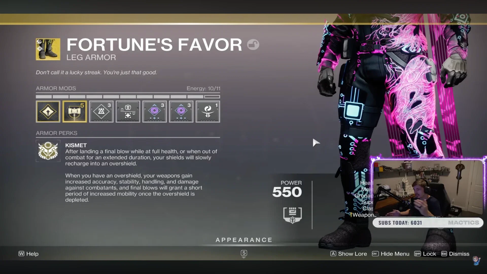 Fortune's Favor exotic Hunter leg armor with its Kismet perk description visible.