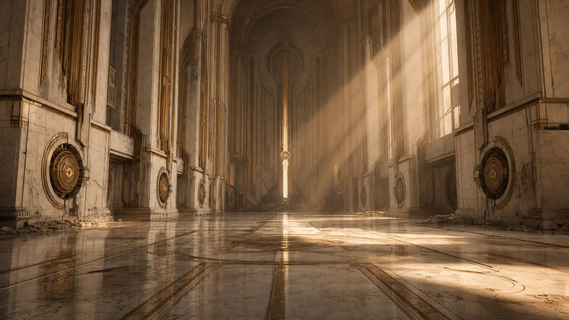 Deserted golden raid ship interior with ornate columns and empty marble floor