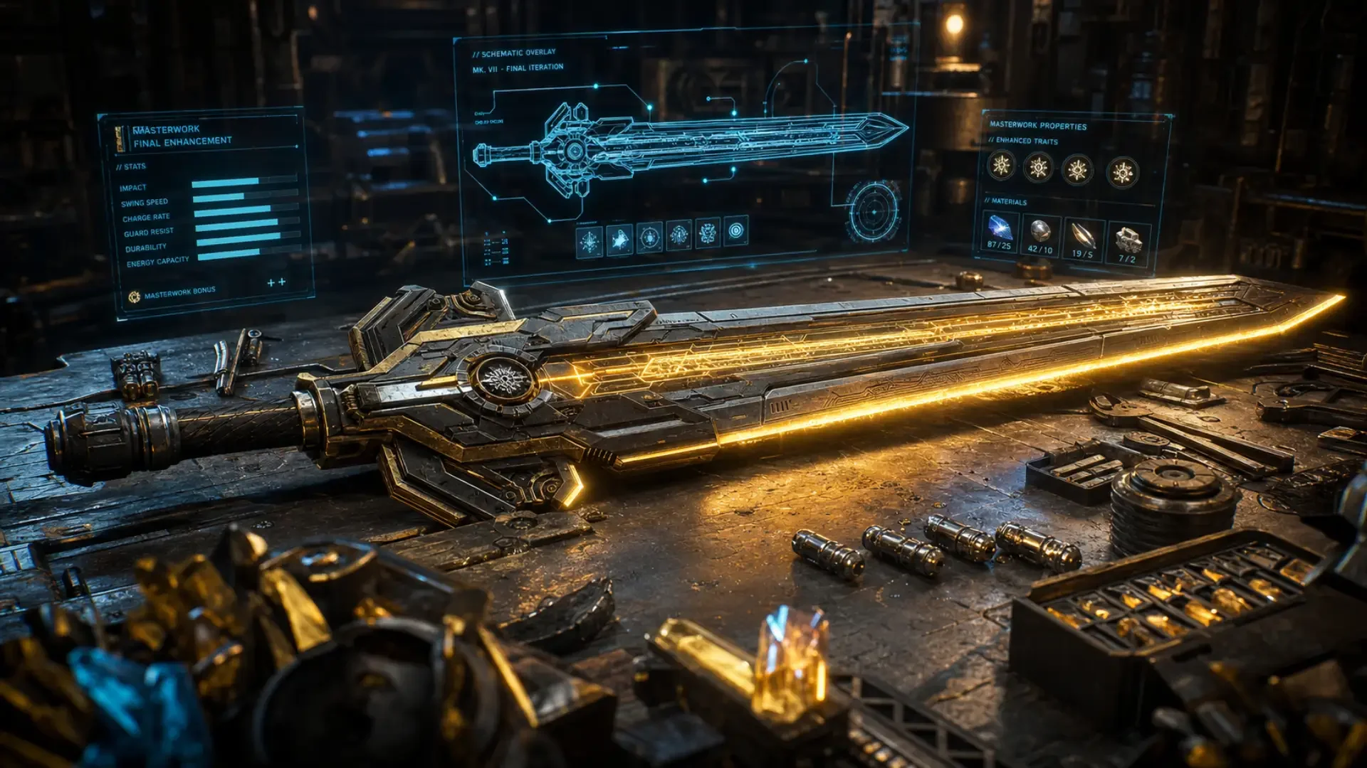 Destiny 2 sword with a gold Impact masterwork upgrade and enhancement materials