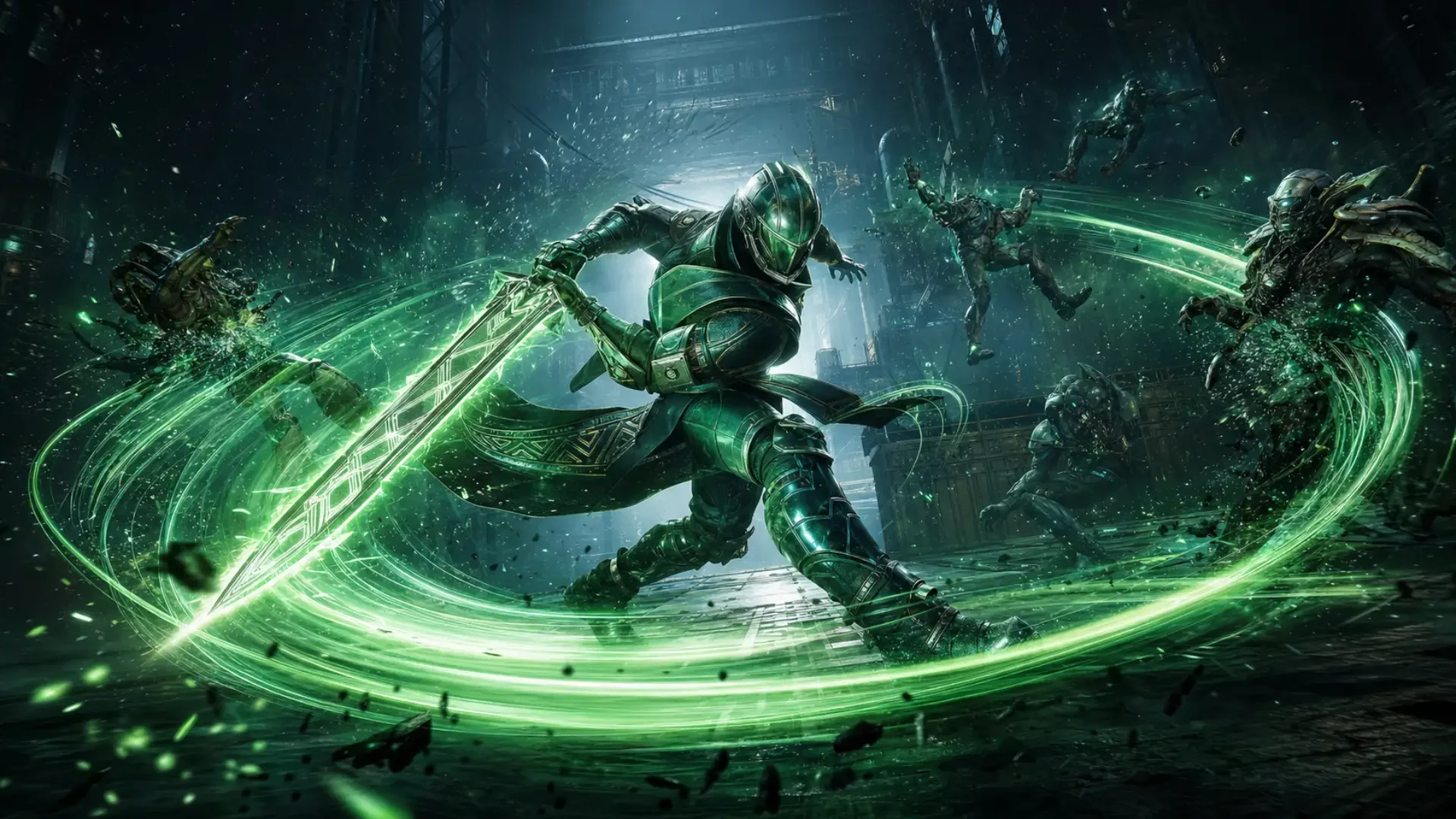 Guardian using the Eighty-Six Vortex Frame heavy spin attack against a group of enemies